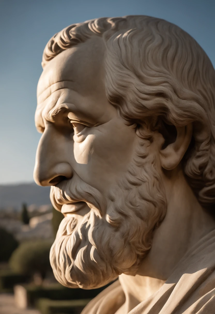 Socrates, man, 55 years old, overweight, humble dress, broad shoulders, index finger on his right hand pointing forward, white light on his fingertip, prominent and wrinkled forehead, a little bald, slightly wavy hair, straight nose, brown eyes and penetrating, smile in the corner of the mouth, ring of white and transparent lights of power around the head, wears a worn gray woolen tunic, blue sky, olive trees, ancient Greece, Greek agora. (High quality CG:1.2,rich in details,8k,A high resolution)