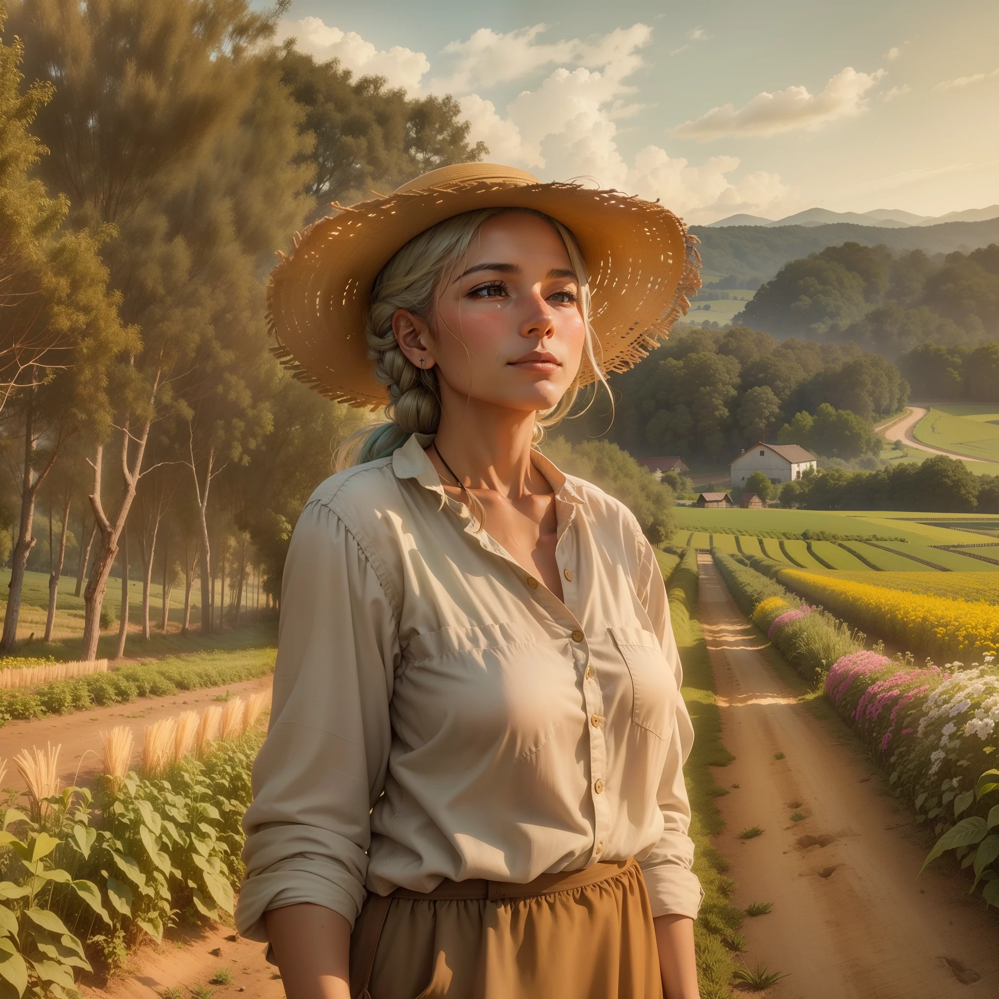Immerse yourself in the tranquility of a rustic farm while Jane, uma agricultora carinhosa, cuida de uma colheita abundante. With his aged straw hat and worn boots, She cultivates rows of sun-kissed crops, surrounded by lush golden fields that stretch towards the horizon.