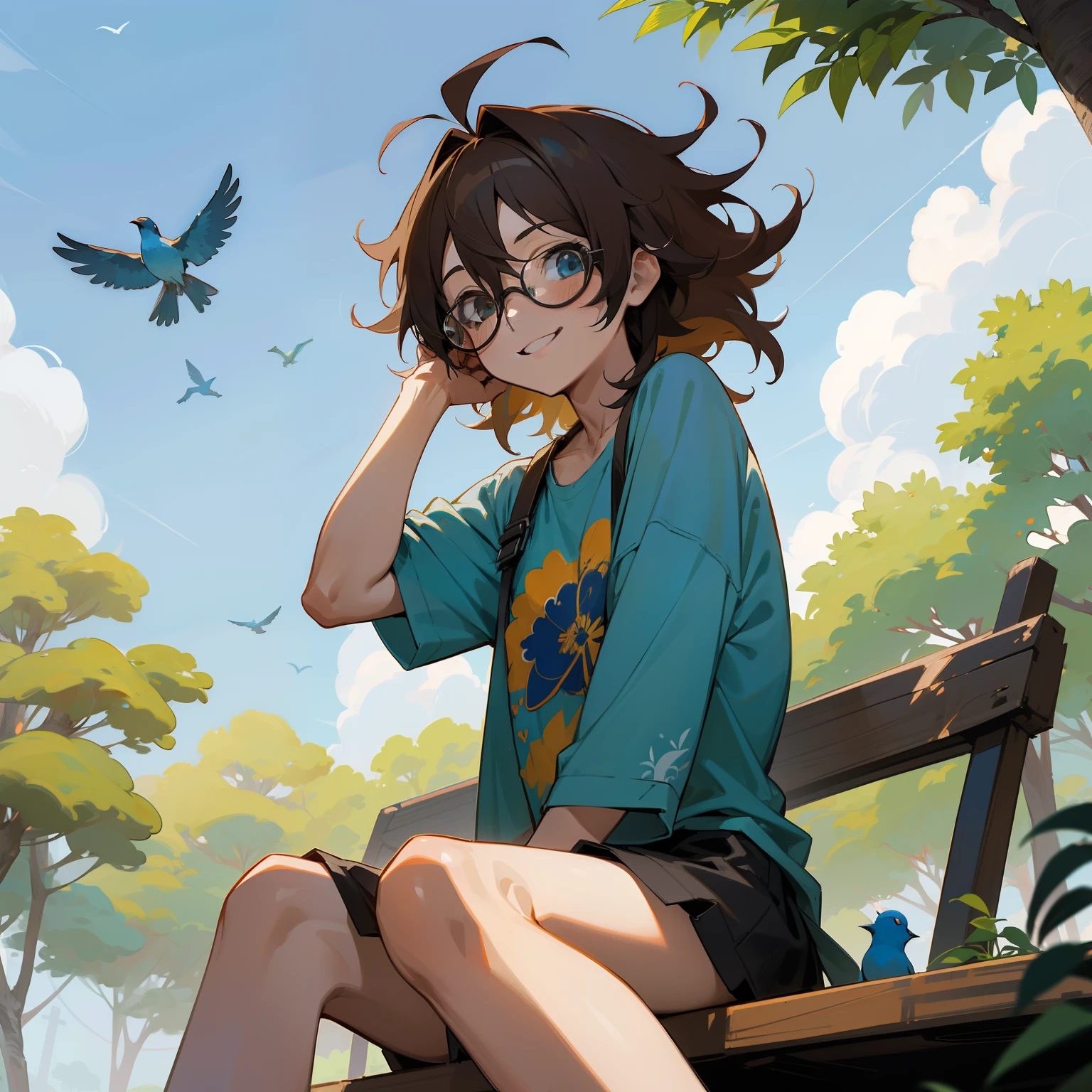 High Revolution, detalhado, obra prima, Estilo anime, 1garoto, ((sorrindo)), cabelo castanho, cabelo longo, ((messy hair)) modern glasses, roupa casual, parque, floresta, Sentado no banco, dia ensolarado, blue skies, brazi, Small birds