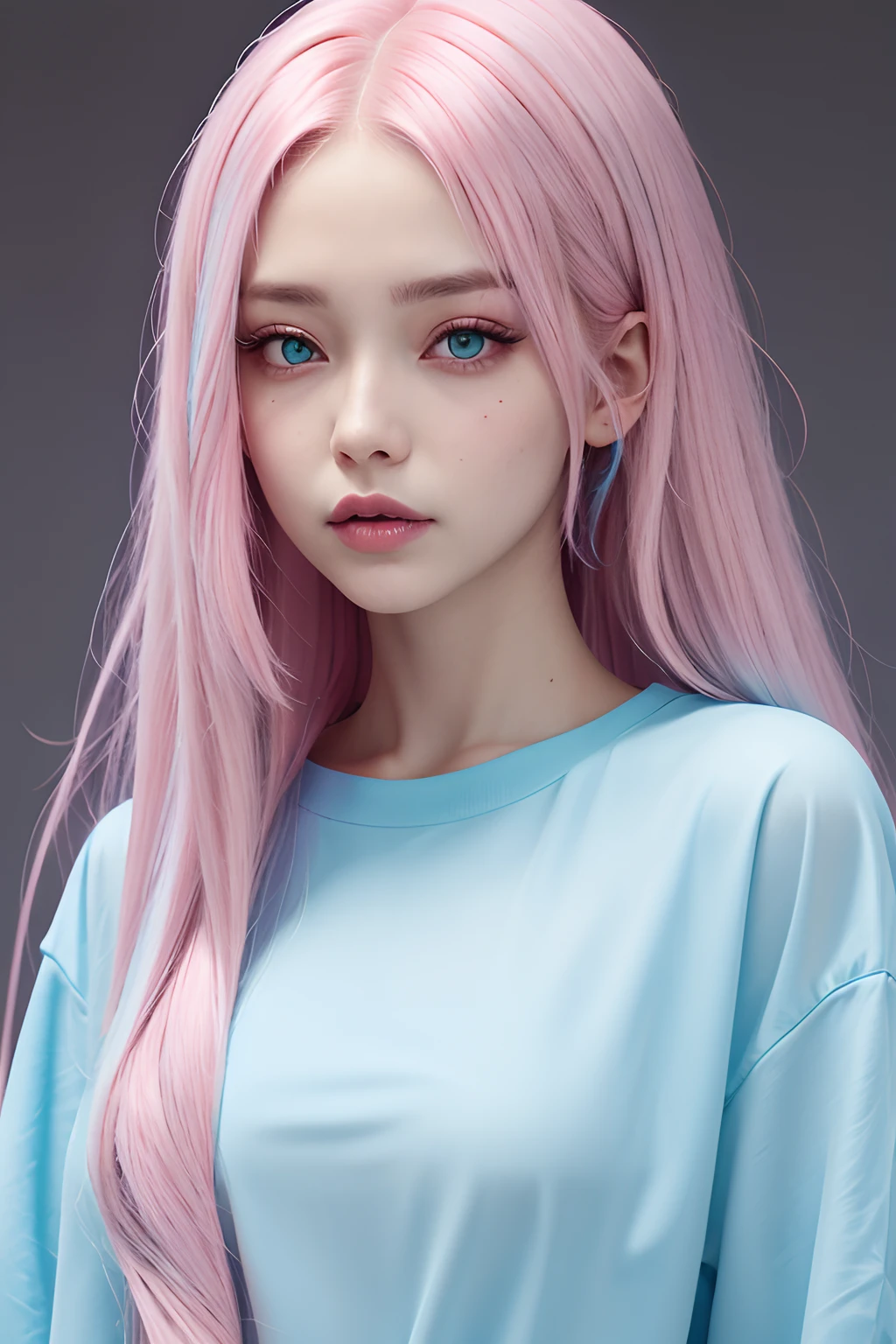 Fair-skinned,Long blue hair,The ends of the hair are pink.,Light pink and turquoise shirt,Light pink eyes,Pink mouth,