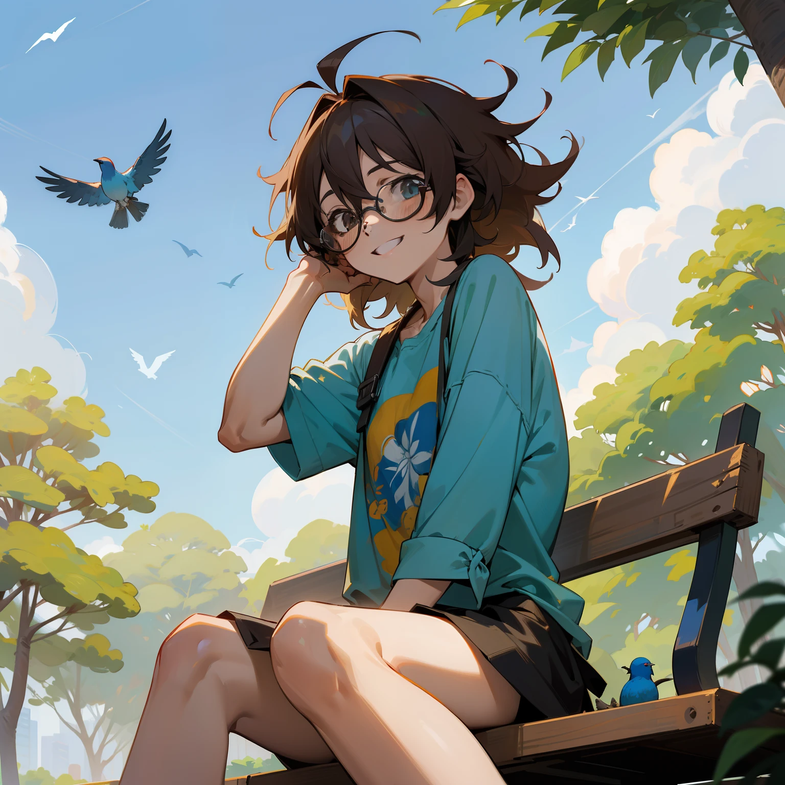 High Revolution, detalhado, obra prima, Estilo anime, 1garoto, ((sorrindo)), cabelo castanho, cabelo longo, ((messy hair)) modern glasses, roupa casual, parque, floresta, Sentado no banco, dia ensolarado, blue skies, brazi, Small birds