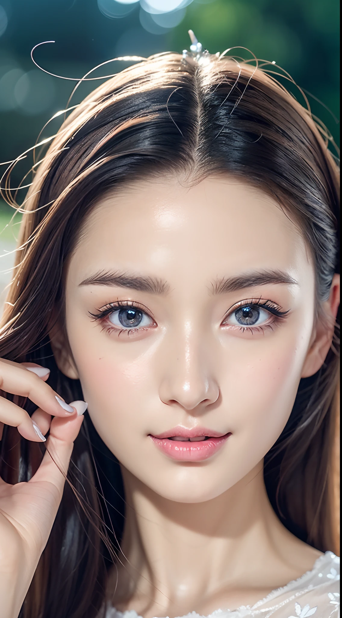 ((Close-up of face))，Woman with heavy makeup taking photo, Beautiful lips, focus on pursed lips, pale Thin lips, Big lips and kind blue eyes, Delicate pale pink lips, Thin lips, Perfect lips, Eyes and lips, Beauty Retouching, open mouth, big Eyes and lips, Coral lipstick, Full lips, Thin light pink lips