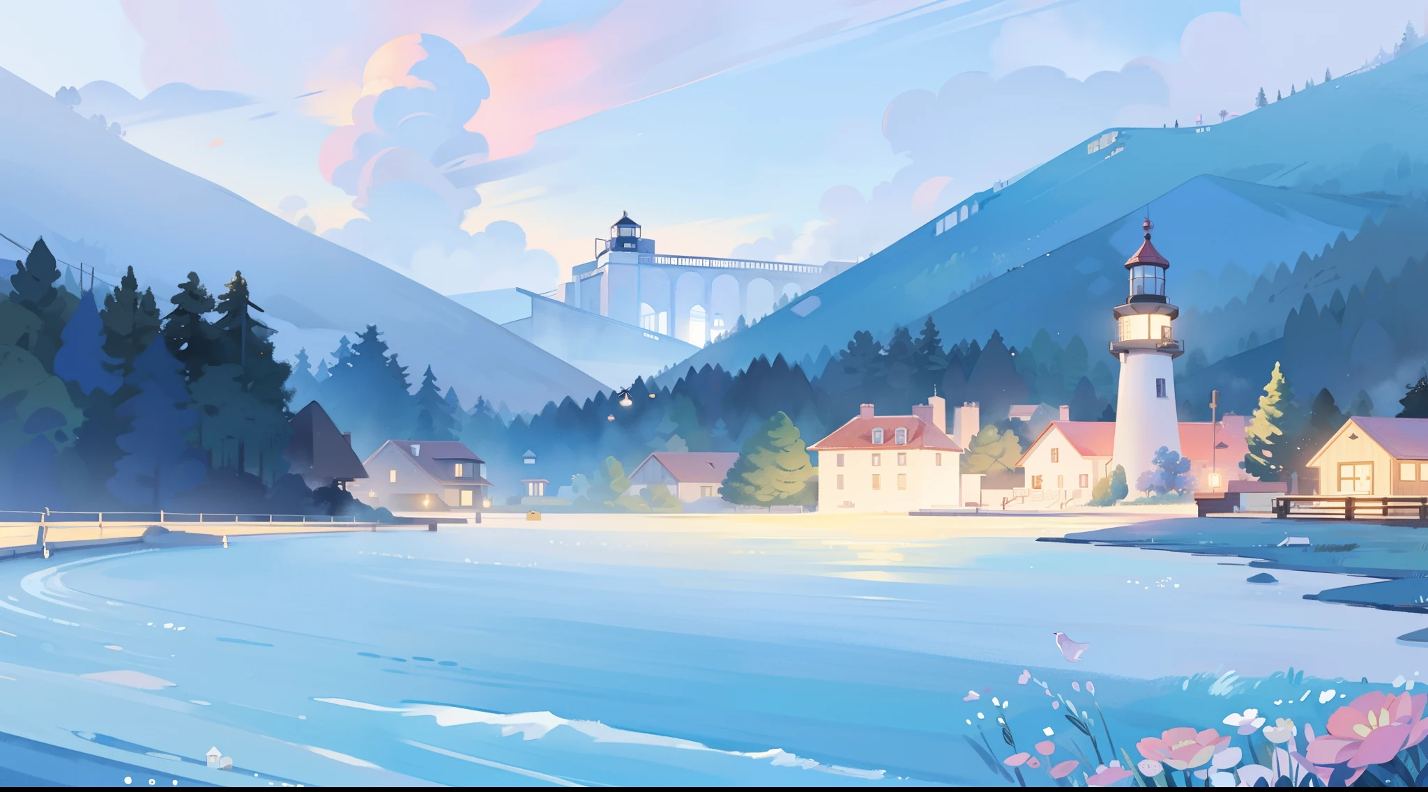 ((picture book illustration)), ocean fantasy, watercolor illustration, whimsical, moonlight pink purple blue colors, village, houses, huge lighthouse, ((masterpiece)), highly detailed environment