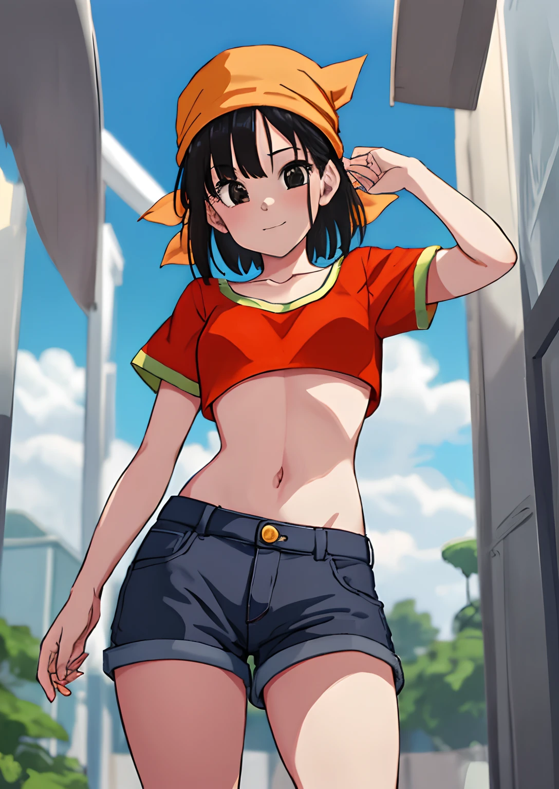 Obra maestra, La mejor calidad, highest qualityr, fotorrealista, Perfect anatomy, Cara perfecta, ojos perfectos, bandana naranja, pandballgt, 1girl, ojos negros, cabello negro, pelo corto, orange bikini, pants, Guantes sin dedos, Camisa roja, Recortar arriba, al aire libre, girl woman (((brasier)))