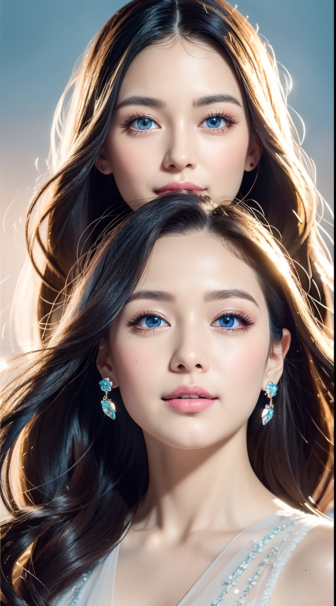 16k high quality wallpapers(Detailed eyes,Long eyelashes,Bright and colorful iris,Expressive eyebrows,Blend eyeshadow perfectly,Eyes sparkle,Reflective eyeballs,Heterochromia),(Silver-blue long-haired girl 0.8 lots of hair 1。3 Delicate hair 1。2),(Long transparent dress,floral patterns:1.4,),(Gorgeous and delicate glowing little butterfly hair ornament,brilliant colorful,Fine engraving,Shine brightly,The attention to detail,The jewelry is of high quality,Extremely high image quality)White Skin Skin,Seductive smile emoji,Close-up shot