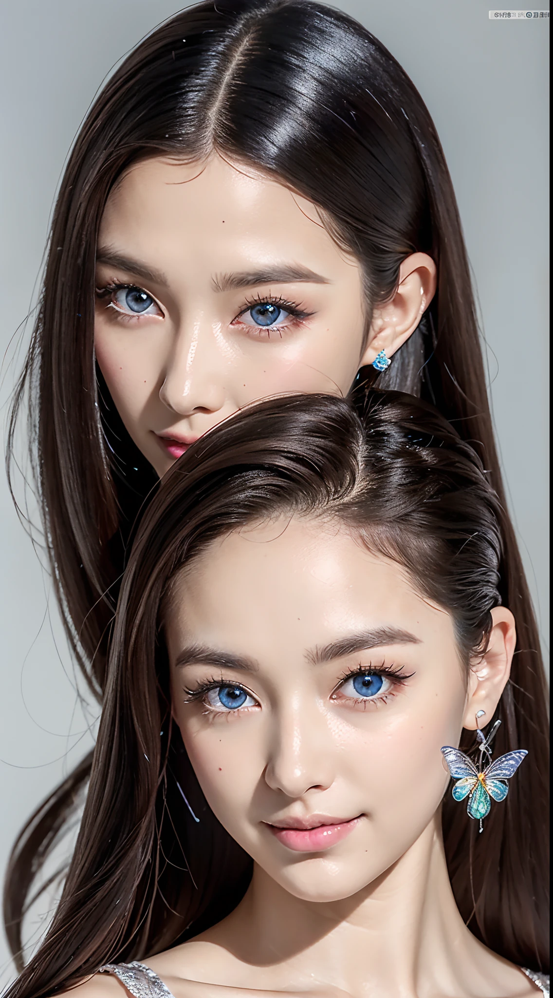 16k high quality wallpapers(Detailed eyes,Long eyelashes,Bright and colorful iris,Expressive eyebrows,Blend eyeshadow perfectly,Eyes sparkle,Reflective eyeballs,Heterochromia),(Silver-blue long-haired girl 0.8 lots of hair 1。3 Delicate hair 1。2),(Long transparent dress,floral patterns:1.4,),(Gorgeous and delicate glowing little butterfly hair ornament,brilliant colorful,Fine engraving,Shine brightly,The attention to detail,The jewelry is of high quality,Extremely high image quality)White Skin Skin,Seductive smile emoji,Close-up shot