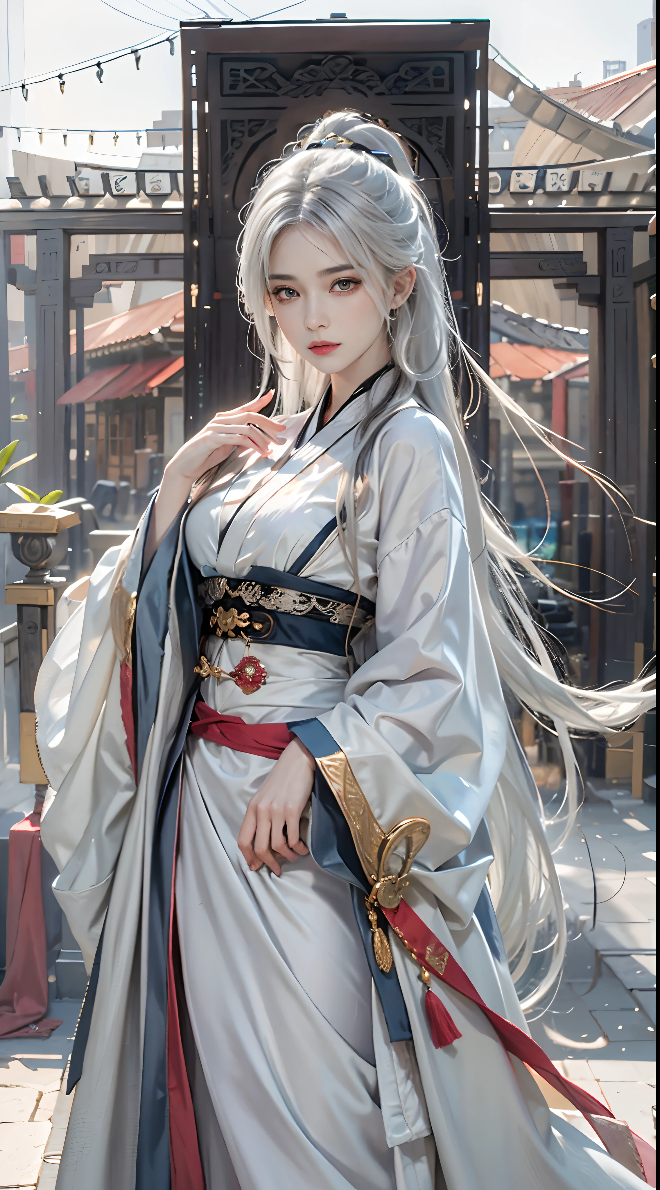 photorealistic, high resolution, 1women, solo, hips up, look at viewer, (detailed face), white hair, long hair, colorful Taoist robe,oversized clothes, midjourney portrait, jewelry