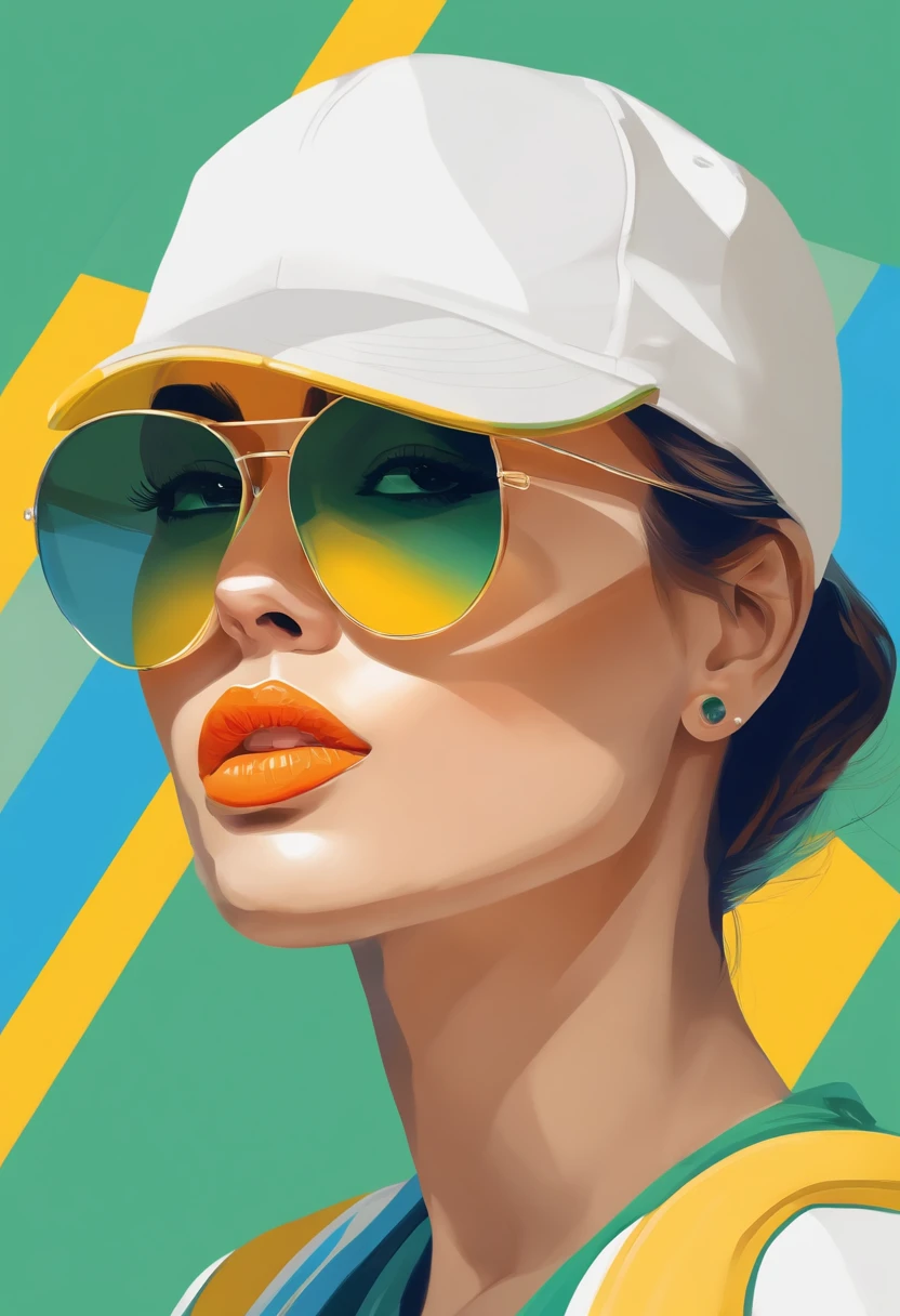 ortrait of a beautiful girl, {white,green,yellow} short hairwearing sunglasses,  baseballcap, {blue,yellow} background, pure color, facial closeup, side view, geometricgraphics, minimalism, flat illustration,facial close-up