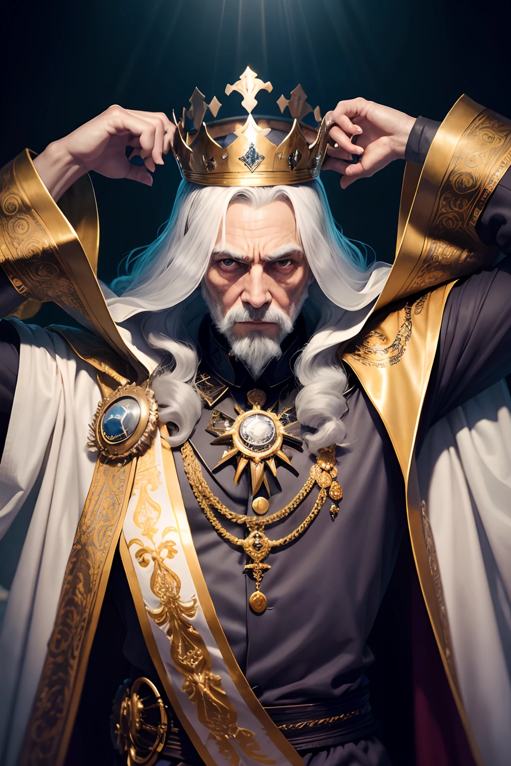 homem velho, de vestes finas, Imperador, rei, deitado em uma cama com os olhos fechados, crown on the head simulating dead