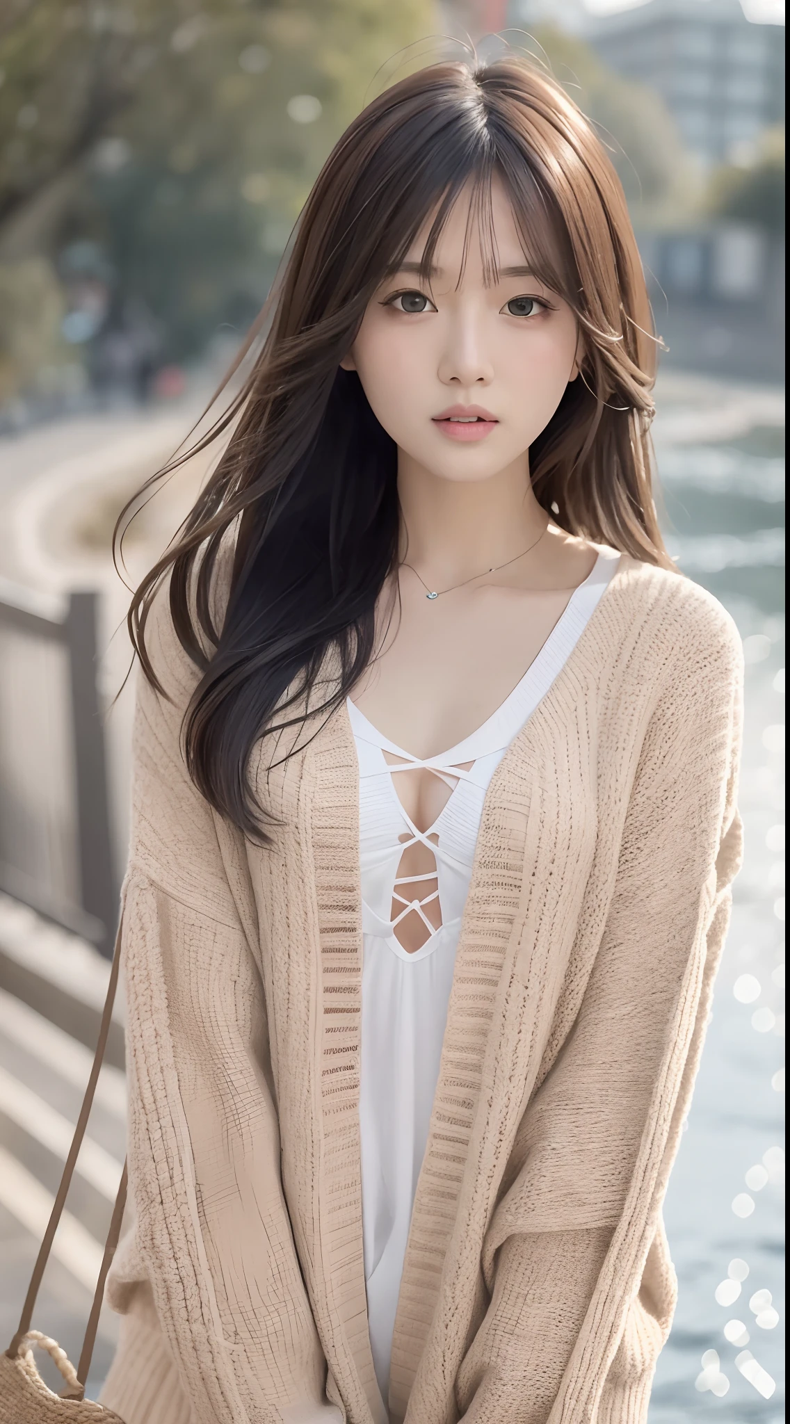 1girl walking on the river, mix4, Low-cut clothing, pillow, lips, open_mouth, realistic, photo_\(medium\), solo, stuffed_animal, stuffed_toy, teddy_bear,(masterpiece),(fidelity:1.3),ultra - detailed,(Highly detailed skin:1.2),(best qualtiy:1.0),(超高分辨率:1.0),(ulzzang-6500:0.3),Wavy detail hair,long whitr hair,rays of sunshine,(Beautiful detailed makeup),(Sexually aroused blush,Heavy breathing:1.0 ), Flower theme flower petals scattered, (Soft light blooms:0.5)