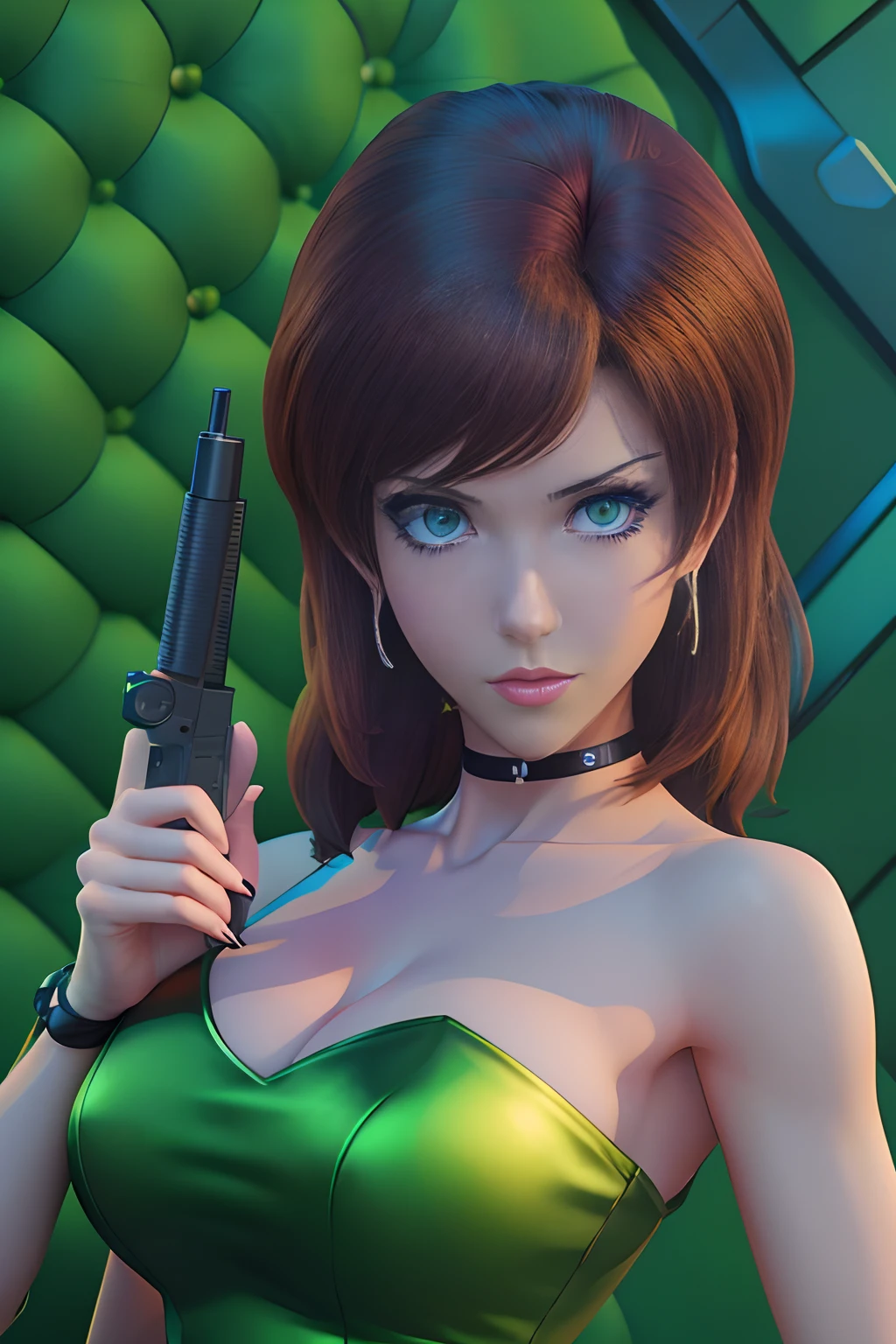 a close up of a woman holding a gun in a green dress, realistic anime 3 d style, rendered in sfm, game cg, anime styled 3d, glamorous jill valentine, artgerm ; 3d unreal engine, faye valentine, perfect dark, 3 d anime realistic, 3d anime girl, sfm render, anya from spy x family, anime cgi style