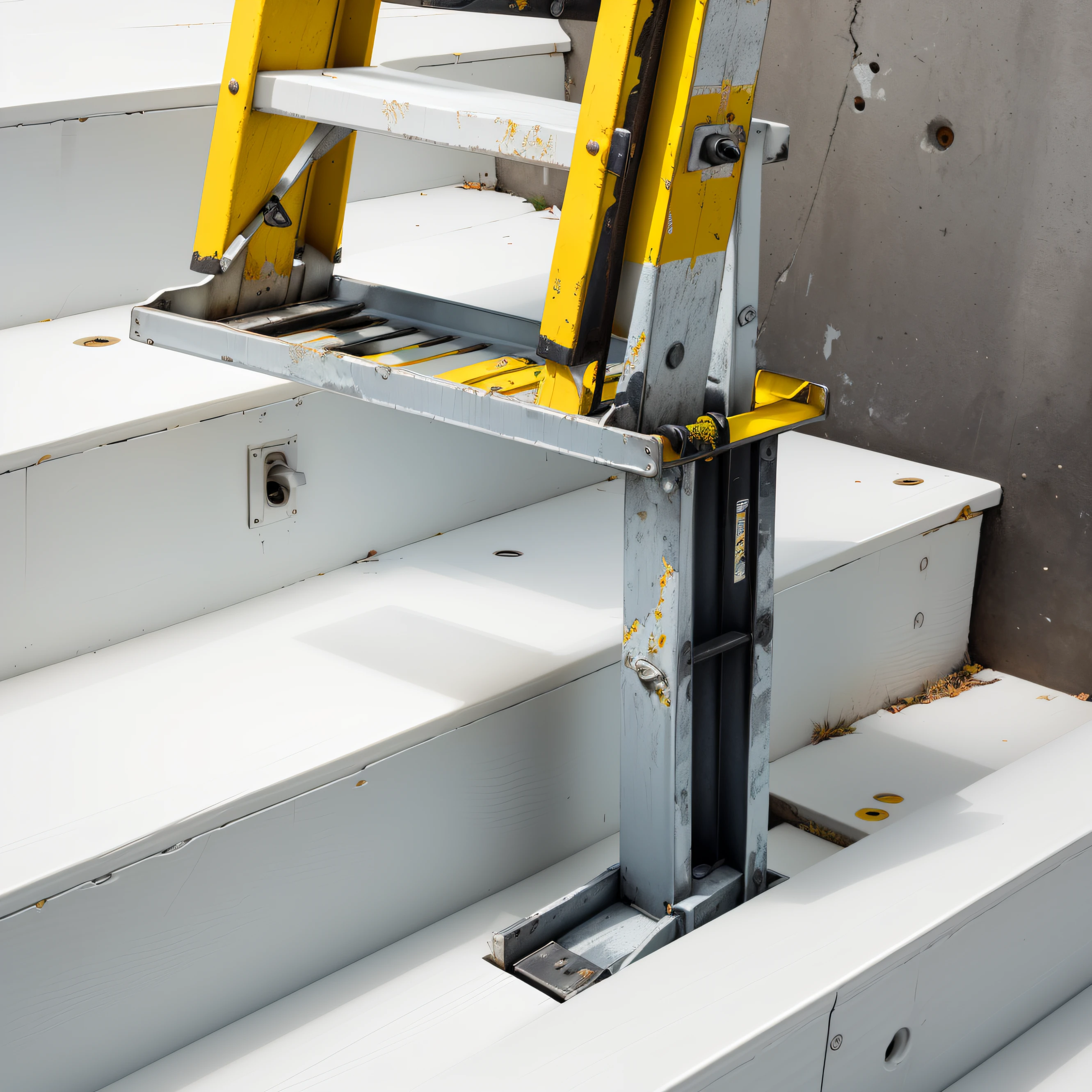 there is a yellow ladder that is on a white step, high - angle, high-angle, high angle vertical, high - angle view, angle view, ladder, up-angle view, high angle, high angle view, very high angle view, top angle view, standing on a ladder, detailed product photo, high detail product photo, high deatil, ladders