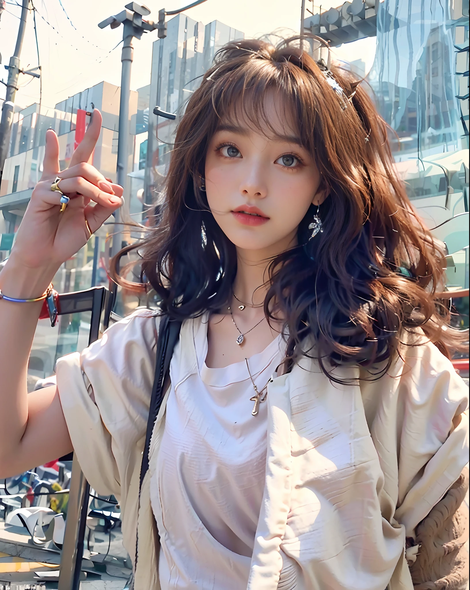 (the street:1 girl with brown hair), tmasterpiece, best qualtiy, RAW photogr, realisticlying, the face, Incredibly Ridiculous res,, ear studs, (Long flowing brown curly hair),eye shadows,White off-the-shoulder long dress,jewelry,white legwear,(Plain white cloth shoes),depth of fields, A high resolution, ultra - detailed, filigree, RAWE is very detailed, very detailed eyes and faces, Sharp pupils, realistic pupil, tack sharp focus, cinmatic lighting,full bodyesbian,Bigboobs,long leges,From the front side,dynamicposes,Normal posture,closeup of face