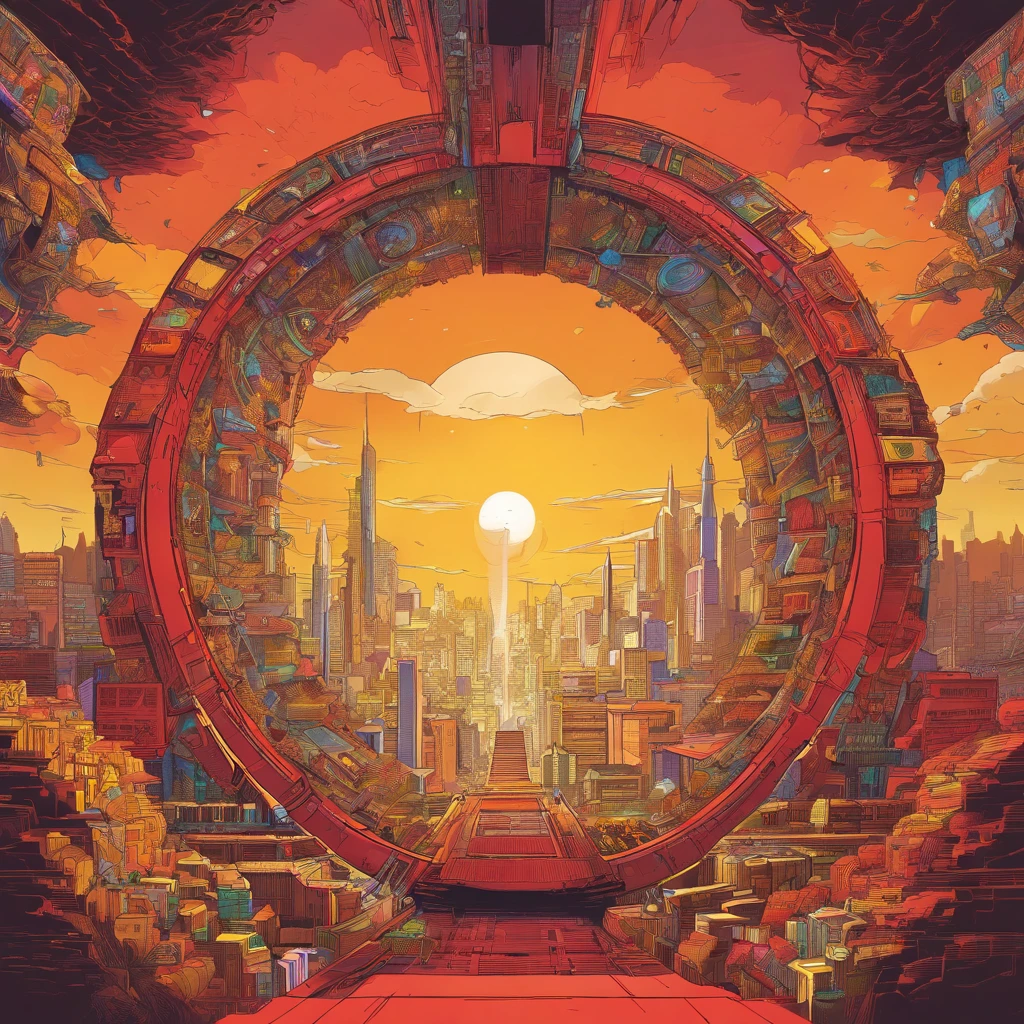 Dimensional portals, wormhole, portals from another dimension, portals appearing in the city, destruction scene, epic, otherworldly portals appearing,Red and yellow tones, special effects, dimensional rifts, vibrant colors, detailed lines, webtoon anime style, perfect painting, high resolution, incredible quality, 16k, Full HD, epic scene