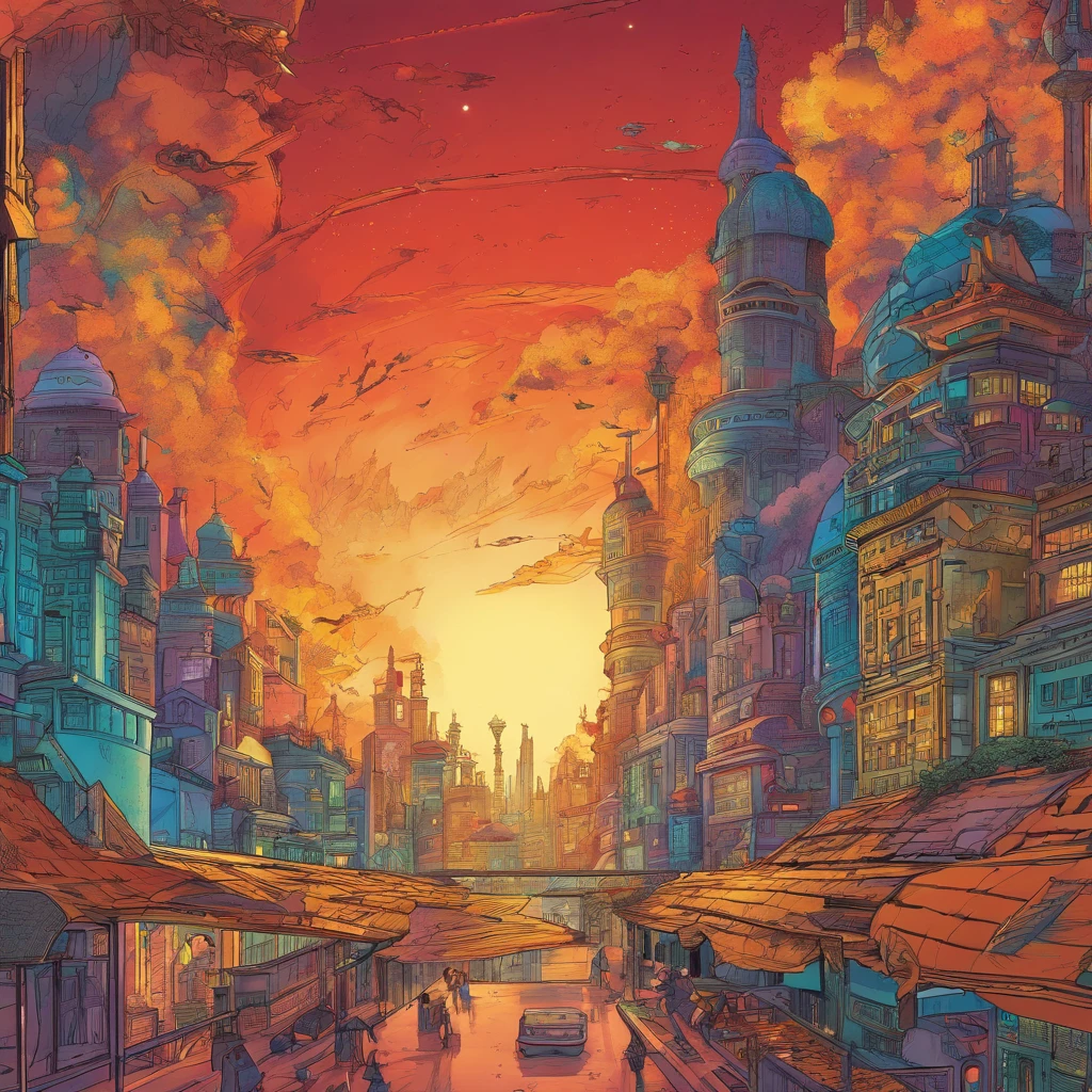 Dimensional portals, wormhole, portals from another dimension, portals appearing in the city, destruction scene, epic, otherworldly portals appearing,Red and yellow tones, special effects, dimensional rifts, vibrant colors, detailed lines, webtoon anime style, perfect painting, high resolution, incredible quality, 16k, Full HD, epic scene