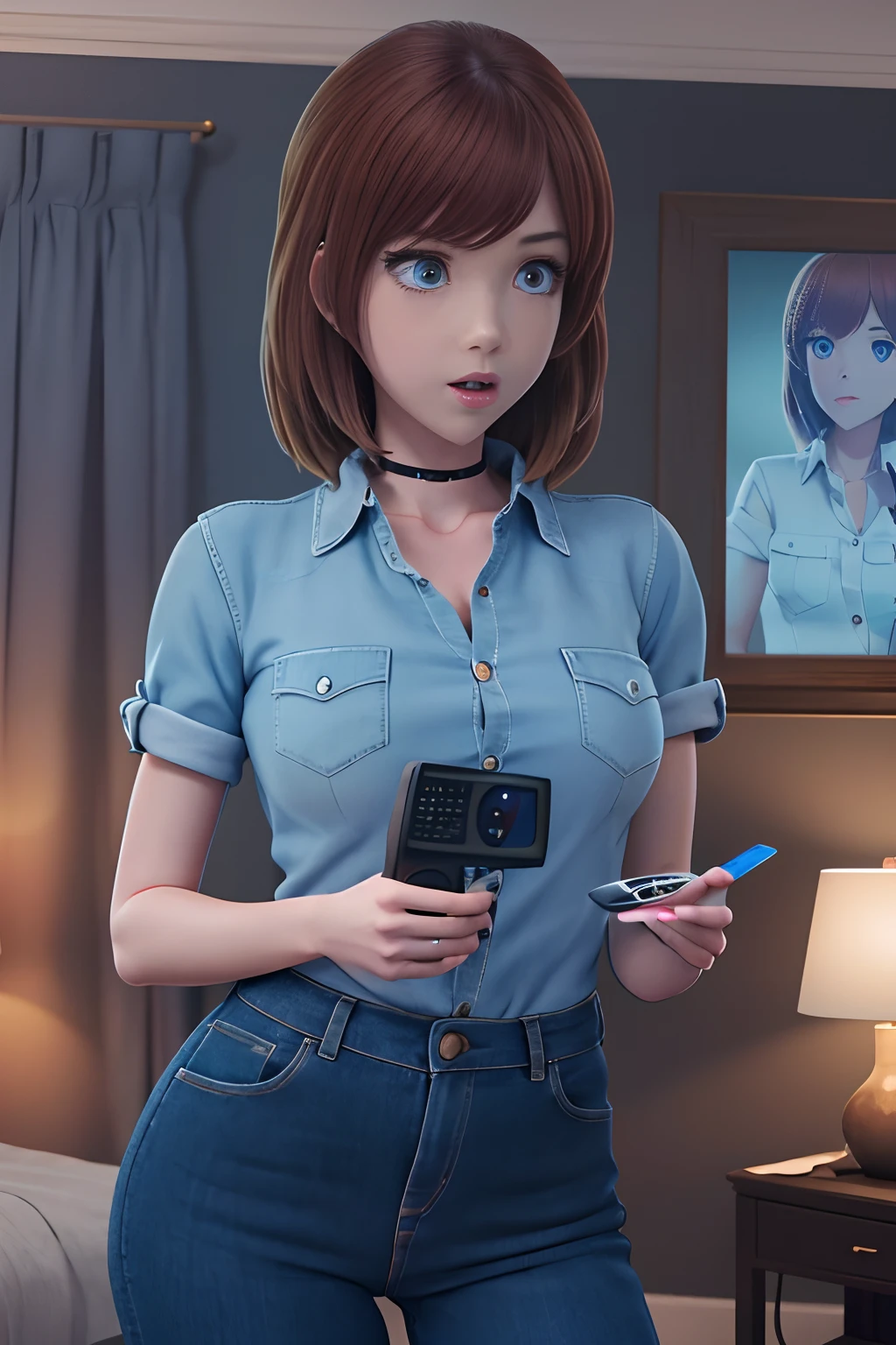 a close up of a woman holding a remote control in a room, portrait of max caulfield, realistic anime 3 d style, anime movie screenshot, anime cgi style, a hyperrealistic schoolgirl, screenshot from the anime film, anime cgi, hyperrealistic schoolgirl, realistic schoolgirl, in the anime film, still from animated horror movie, anime styled 3d