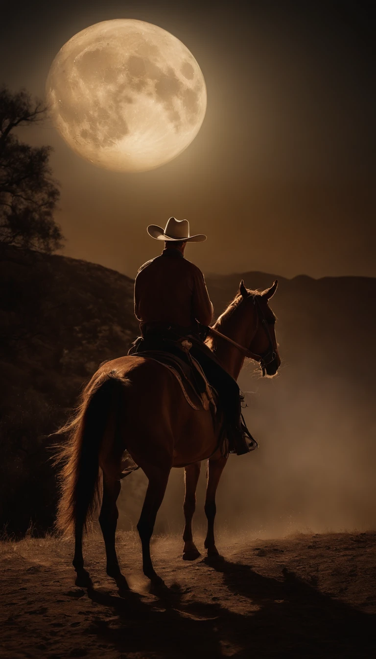There is a man on a horse in front of a full moon, Andar a cavalo na lua, vaqueiro, Cowboy na Faixa, Back photo of a cowboy, No Velho Oeste, O Cowboy no Estranho Oeste, Velho Oeste, Lone guard, sonho de vaqueiro, quadrinhos ocidentais inspirados, lonely rider, Directed by: Cindy Wright, space western, Fotografia Moonwalker