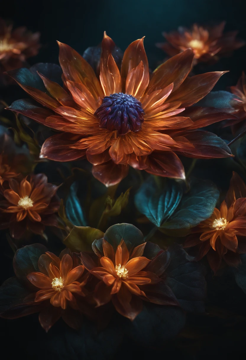 A fantasy surrealistic fantasy multi elemental flower, Elemental Flowers, dark background, hyperdetailed intricately detailed colors, deep color, fantastical, intricate detail, splash screen,  fantasy concept art, 8k resolution, , soft cinematic light, adobe lightroom, photolab, hdr, intricate, highly detailed, (depth of field:1.4)