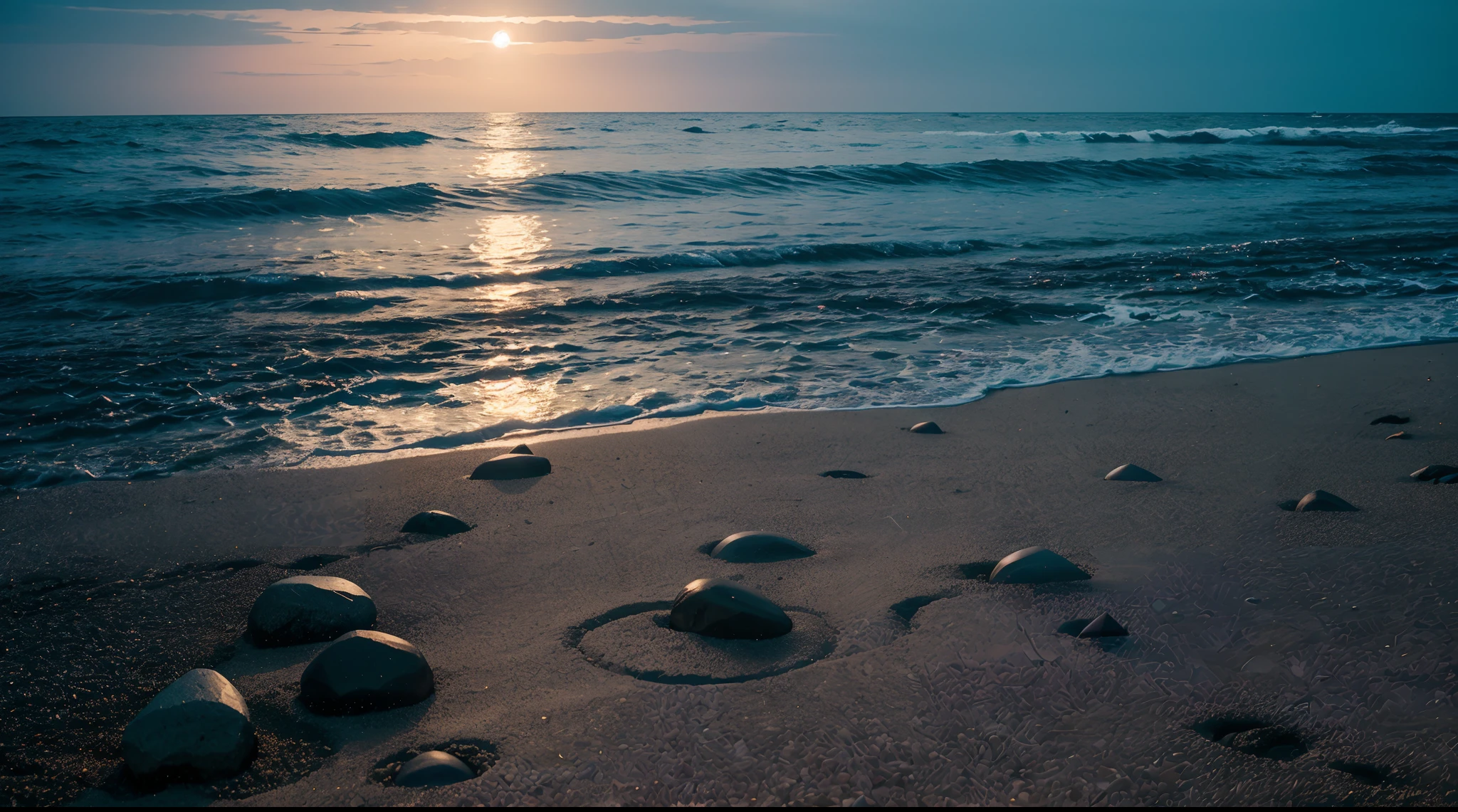 Arad image of a beach with pebbles and glowing stones, stunning light reflections, refracted moon sparkles, Magical beach, Bioluminescent spheres, author：Alexander Kucharisky, author：Alexei Venezyanov, beautiful moon light, beautiful moon light, author：Jan Rustham, sandy white moon landscape, breathtaking composition, Ocean specularism, glowing reflections