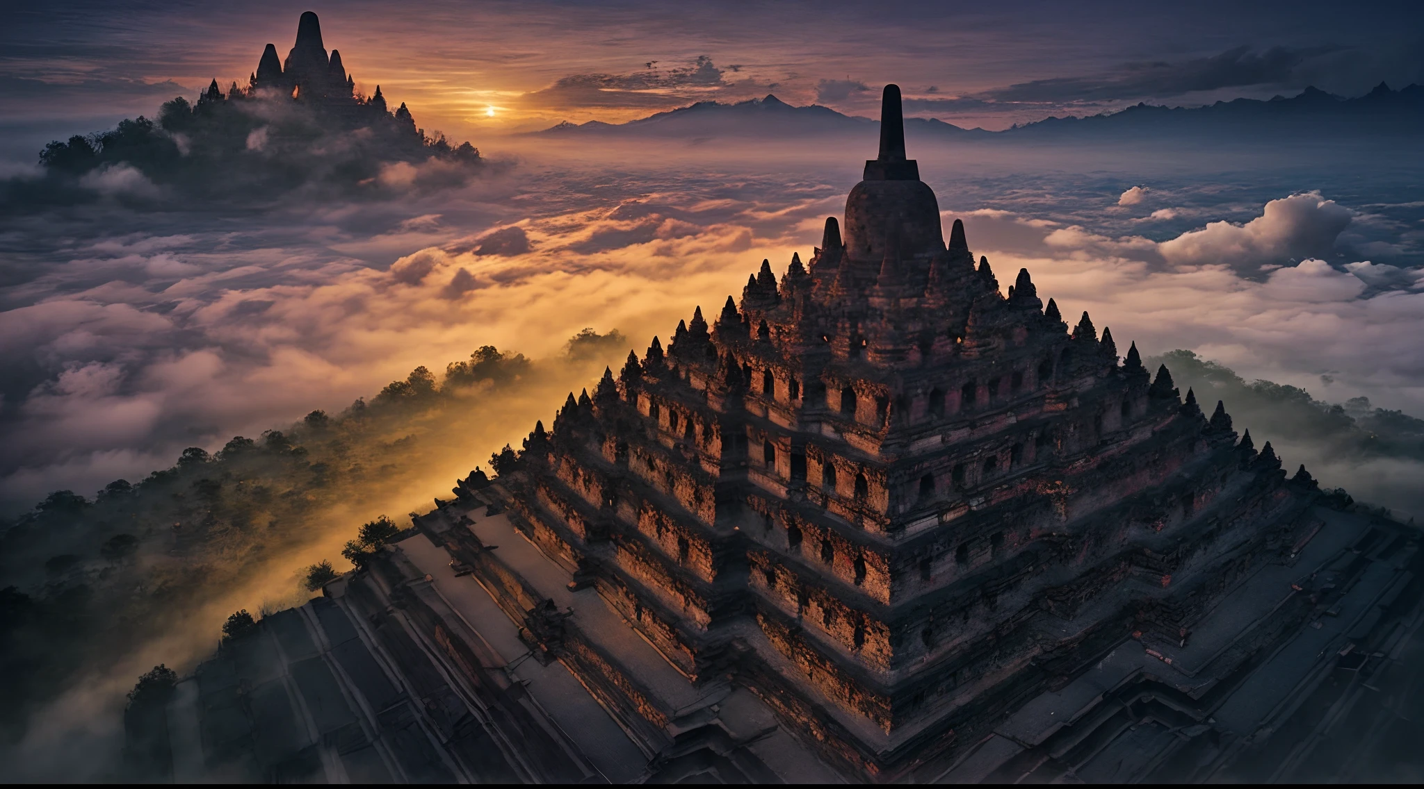 portrait of candi buddha building complex, epic, fog, dawn, dramatic lighting, dim light, mountains, forest, cliff,  advntr