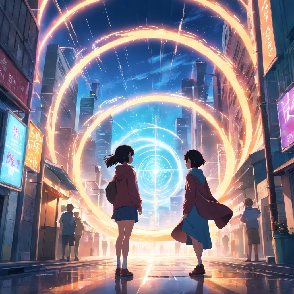 Dimensional portals, wormhole, portals from another dimension, portals appearing in the city, destruction scene, epic, otherworldly portals appearing,Red and yellow tones, special effects, dimensional rifts, vibrant colors, detailed lines, webtoon anime style, perfect painting, high resolution, incredible quality, 16k, Full HD, epic scene