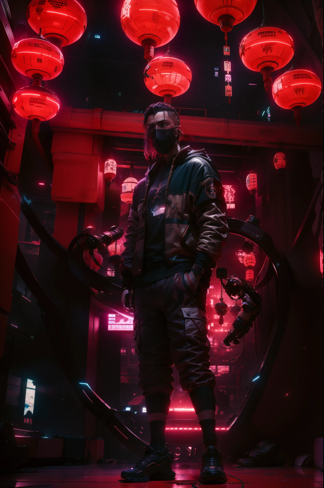 arafed man in a mask standing in a room with red lanterns, reflective floor, wearing japanese techwear, cyberpunk streetwear, wearing urban techwear, wearing space techwear, wearing cyberpunk streetwear, techwear fashion, techwear look and clothes, techwear occultist, techwear, techwear clothes, outlive streetwear collection, futuristic techwear, all black cyberpunk clothes, red glow lines on clothes