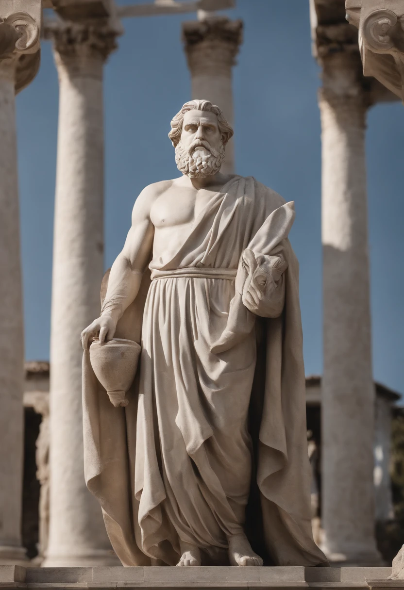 (CG de alta qualidade：1.2，rico em detalhes，8k，A high resolution) Socrates portrayed as a superhero, homem, 55 anos, um pouco acima do peso, barba espessa, vestimenta humilde, ombros largos, right hand indicator pointing forward, luz branca de poder na ponta do dedo indicador, testa proeminente e enrugada, um pouco calvo, cabelos levemente ondulados, nariz reto, olhos castanhos e penetrantes, sorriso no canto da boca, ring of white and transparent lights of power around the head, wears a gray woolen and worn tunic, blue skies, oliveiras, Ancient Greece, Greek Agora, Cavaleiro dos Zodiaco.