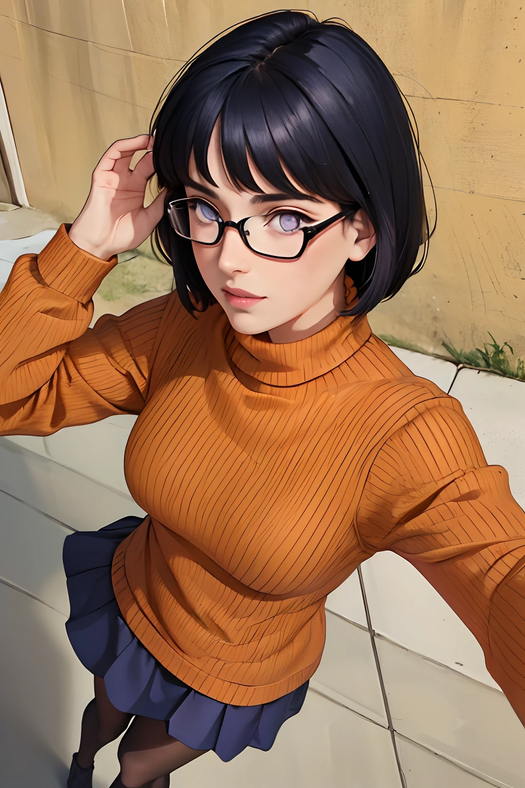 (masterpiece:1.2), (best quality), (ultra detailed), (8k, 4k, intricate),(full-body-shot:1), (highly detailed:1.2),(detailed face:1.2), (detailed background),detailed landscape, ((portrait)), (dynamic pose:1.2) , 1girl, solo, looking at viewer, short hair, skirt, dark blue hair, purple eyes, pantyhose, pleated skirt, glasses, sweater, turtleneck, ribbed sweater, turtleneck sweater, orange shirt, orange sweater,upper body,bangs
