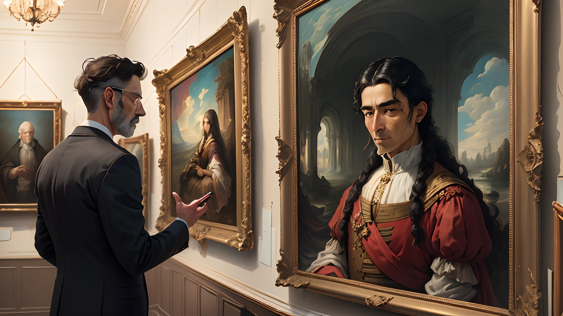 Man admiring old paintings in a gallery in the palace