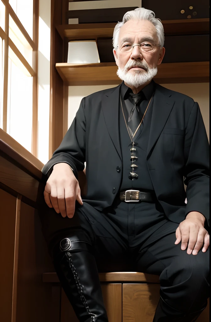 with a goatee,Old gentleman in black riding boots,Show off his boots,The light source is in the upper left corner。