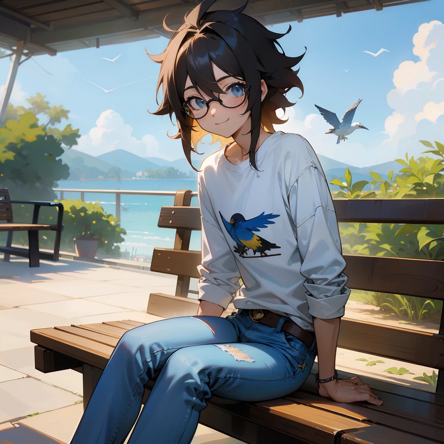 tall resolution, detalhado, obra prima, Estilo anime, 1garoto, ((sorrindo)), cabelo castanho, cabelo longo, ((messy hair)) modern glasses, olhos castanhos, roupa casual, ((camiseta xadrez)), ((Denim Jeans Pants)), parque, floresta, Sitting not bench, dia ensolarado, blue skies, brazi, Small birds