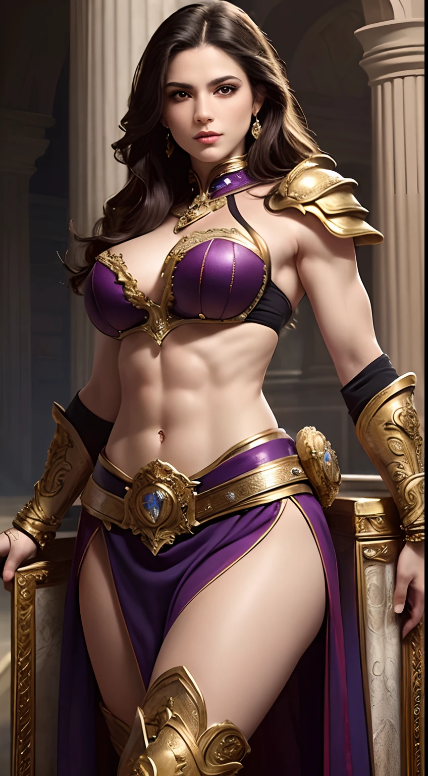 (8K,Photorealsitic Raw photography top-quality;1.4) (1girl in) Super beauty (Lifelike face) Muscular and macho female body (Brown-haired short bob) Hold up a black and red magic wand combat scene Black and purple and golden armor and magic hat Beautiful expression glareing (real looking skin) (sorcerer) enticing 超A high resolution A hyper-realistic high detal fully body photo ruins