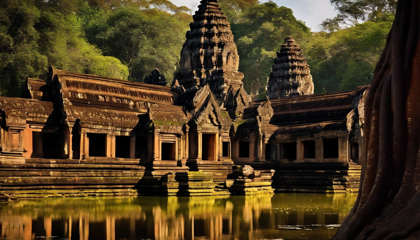 (stable diffusion photo,great detail photo:1.25),epic landscape in Cambodia,gorgeous Angkor Wat temple, magnificent architectural beauty,tall and intricate towers,ancient ruins,natural stone carvings,serene atmosphere,historical wonder,(dark,shadowy,mysterious) jungle backdrop,twisting vines and lush vegetation,thick canopy of trees,hints of sunlight piercing through the foliage,dreamlike,ethereal atmosphere,(falling angel:1.1) gracefully descending from the sky,elegant and mesmerizing,angelic wings extended wide,dressed in flowing robes,divine beauty and grace,(intense gaze:piercing eyes,mesmerizing eyes:1.1) radiating wisdom and ethereal energy,(serene expression,calm demeanor),golden halo shimmering above her head,magical aura surrounding her,(dramatic lighting:1.2) casting deep shadows and highlighting her features,(mysterious atmosphere:1.1) adding an air of mystique and enchantment,(vivid colors:lush greens,mossy browns,rich earth tones),(subtle warm tones:golden hues,soft orange glow),creating a contrast between light and dark,(detailed leaves:1.15) with intricate textures and veins,mosaic patterns etched into the stone walls,reflections of the temple in a nearby tranquil pond,(ancient spirituality:sacred energy,presence of the divine),immerse yourself in the history and grandeur of ancient Cambodia.huge