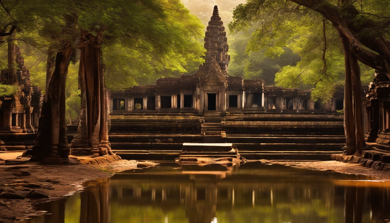 (stable diffusion photo,great detail photo:1.25),epic landscape in Cambodia,gorgeous Angkor Wat temple, magnificent architectural beauty,tall and intricate towers,ancient ruins,natural stone carvings,serene atmosphere,historical wonder,(dark,shadowy,mysterious) jungle backdrop,twisting vines and lush vegetation,thick canopy of trees,hints of sunlight piercing through the foliage,dreamlike,ethereal atmosphere,(falling angel:1.1) gracefully descending from the sky,elegant and mesmerizing,angelic wings extended wide,dressed in flowing robes,divine beauty and grace,(intense gaze:piercing eyes,mesmerizing eyes:1.1) radiating wisdom and ethereal energy,(serene expression,calm demeanor),golden halo shimmering above her head,magical aura surrounding her,(dramatic lighting:1.2) casting deep shadows and highlighting her features,(mysterious atmosphere:1.1) adding an air of mystique and enchantment,(vivid colors:lush greens,mossy browns,rich earth tones),(subtle warm tones:golden hues,soft orange glow),creating a contrast between light and dark,(detailed leaves:1.15) with intricate textures and veins,mosaic patterns etched into the stone walls,reflections of the temple in a nearby tranquil pond,(ancient spirituality:sacred energy,presence of the divine),immerse yourself in the history and grandeur of ancient Cambodia.huge