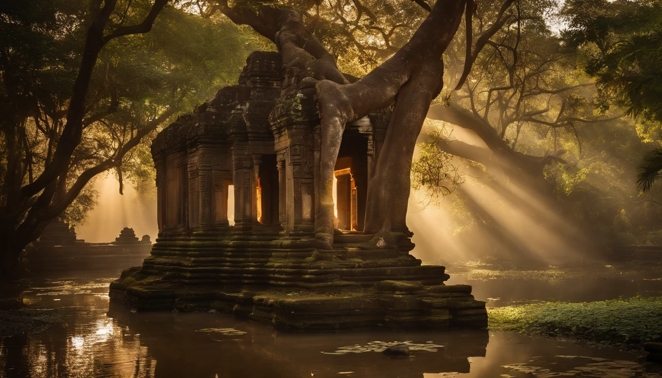 (stable diffusion photo,great detail photo:1.25),epic landscape in Cambodia,gorgeous Angkor Wat temple, magnificent architectural beauty,tall and intricate towers,ancient ruins,natural stone carvings,serene atmosphere,historical wonder,(dark,shadowy,mysterious) jungle backdrop,twisting vines and lush vegetation,thick canopy of trees,hints of sunlight piercing through the foliage,dreamlike,ethereal atmosphere,(falling angel:1.1) gracefully descending from the sky,elegant and mesmerizing,angelic wings extended wide,dressed in flowing robes,divine beauty and grace,(intense gaze:piercing eyes,mesmerizing eyes:1.1) radiating wisdom and ethereal energy,(serene expression,calm demeanor),golden halo shimmering above her head,magical aura surrounding her,(dramatic lighting:1.2) casting deep shadows and highlighting her features,(mysterious atmosphere:1.1) adding an air of mystique and enchantment,(vivid colors:lush greens,mossy browns,rich earth tones),(subtle warm tones:golden hues,soft orange glow),creating a contrast between light and dark,(detailed leaves:1.15) with intricate textures and veins,mosaic patterns etched into the stone walls,reflections of the temple in a nearby tranquil pond,(ancient spirituality:sacred energy,presence of the divine),immerse yourself in the history and grandeur of ancient Cambodia.huge
