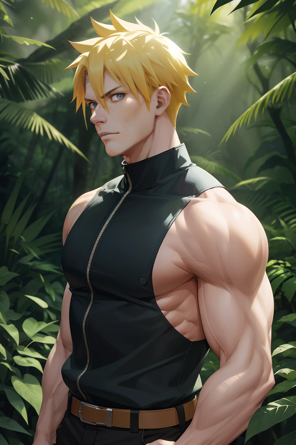 (absurdres, highres, ultra detailed), 1 male, solo, adult, (mature:1.4, aged up:1.4), tall muscular guy, broad shoulders, handsome, angular jaw, thick neck, BREAK, looking at viewer, short yellow hair, blue eyes, long sleeves, forest, trees full of greenery, fluttering leaves, natural light and shadow, Jungle exploration, lots of plants, depth of field, upper body, frontal, Uzumaki Naruto