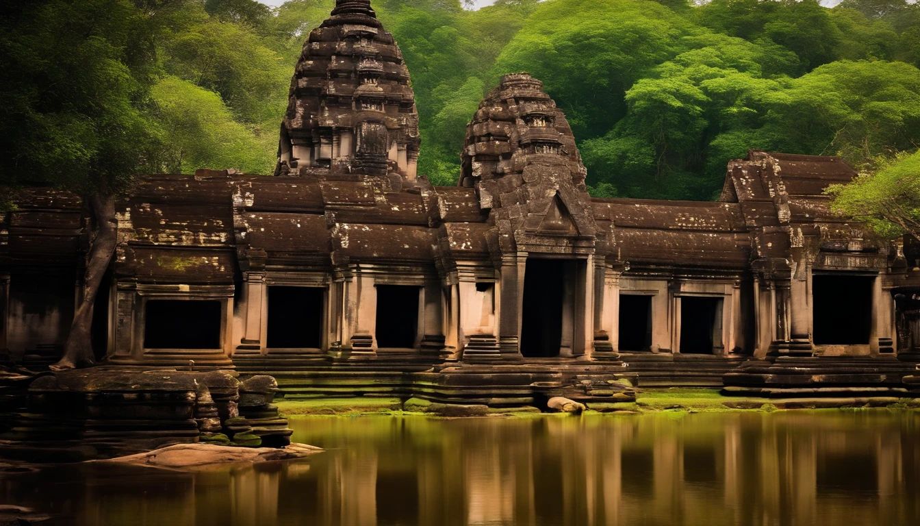 (stable diffusion photo,great detail photo:1.25),epic landscape in Cambodia,gorgeous Angkor Wat temple, magnificent architectural beauty,tall and intricate towers,ancient ruins,natural stone carvings,serene atmosphere,historical wonder,(dark,shadowy,mysterious) jungle backdrop,twisting vines and lush vegetation,thick canopy of trees,hints of sunlight piercing through the foliage,dreamlike,ethereal atmosphere,(falling angel:1.1) gracefully descending from the sky,elegant and mesmerizing,angelic wings extended wide,dressed in flowing robes,divine beauty and grace,(intense gaze:piercing eyes,mesmerizing eyes:1.1) radiating wisdom and ethereal energy,(serene expression,calm demeanor),golden halo shimmering above her head,magical aura surrounding her,(dramatic lighting:1.2) casting deep shadows and highlighting her features,(mysterious atmosphere:1.1) adding an air of mystique and enchantment,(vivid colors:lush greens,mossy browns,rich earth tones),(subtle warm tones:golden hues,soft orange glow),creating a contrast between light and dark,(detailed leaves:1.15) with intricate textures and veins,mosaic patterns etched into the stone walls,reflections of the temple in a nearby tranquil pond,(ancient spirituality:sacred energy,presence of the divine),immerse yourself in the history and grandeur of ancient Cambodia.huge