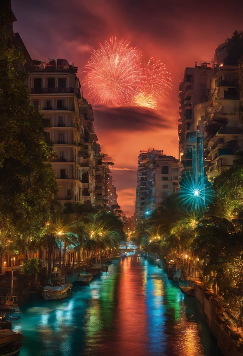 ((master part)),((best quality)),((High detail)),((Realistic,)) Cidade da era futurista, architectural streets, Bazares, Cyberpunk, Arquitetura europeia, Noite, neon light, scenic view, various buildings, Ano Novo, fireworks, Panoramic, colorful fireworks, Sky with fireworks, Landscape, Rosto detalhado, olho brilhante detalhado, olho altamente detalhado