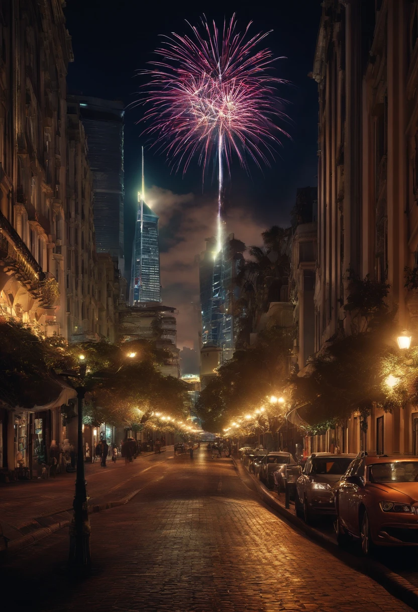 ((master part)),((best quality)),((High detail)),((Realistic,)) Cidade da era futurista, architectural streets, Bazares, Cyberpunk, Arquitetura europeia, Noite, neon light, scenic view, various buildings, Ano Novo, fireworks, Panoramic, colorful fireworks, Sky with fireworks, Landscape, Rosto detalhado, olho brilhante detalhado, olho altamente detalhado