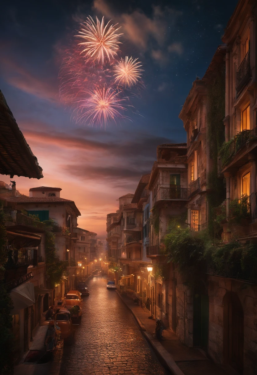 ((master part)),((best quality)),((High detail)),((Realistic,)) Cidade da era futurista, architectural streets, Bazares, Cyberpunk, Arquitetura europeia, Noite, neon light, scenic view, various buildings, ??? Novo, fireworks, Panoramic, colorful fireworks, Sky with fireworks, Landscape, Rosto detalhado, olho brilhante detalhado, olho altamente detalhado