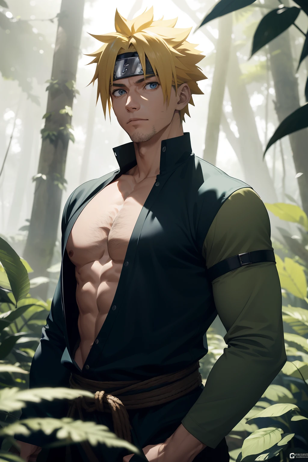 (absurdres, highres, ultra detailed), 1 male, solo, adult, (mature:1.4, aged up:1.4), tall muscular guy, broad shoulders, handsome, angular jaw, thick neck, BREAK, looking at viewer, short yellow hair, blue eyes, long sleeves, forest, trees full of greenery, fluttering leaves, natural light and shadow, Jungle exploration, lots of plants, depth of field, upper body, frontal, Uzumaki Naruto