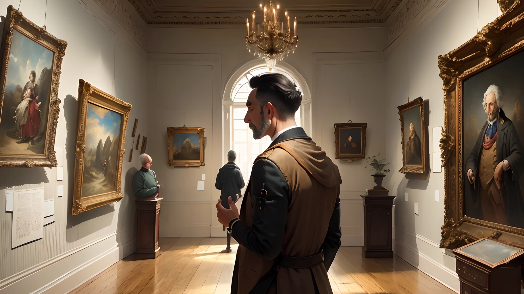 Man admiring old paintings in a gallery in the palace