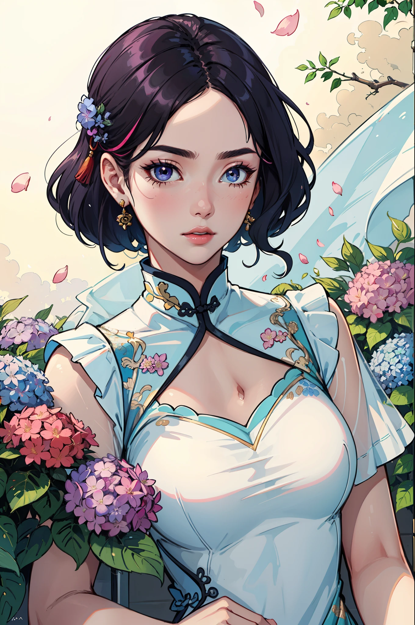 (Masterpiece), Best quality, high resolution, Ultra-detailed, Close-up of people, Chinese white beautiful dress, Chinese elegant dress, Exquisite details, The cheongsam is beautiful and elegant, extremely colorful,The sheen, The dress floats, Dramatic angle, Turn off nature (Close-up), Koi, Warm colors like sunlight focus personal warmth, Champagne, Details are highlighted, Extra-long color band, Open, full bodyesbian, Many detail elements, Pink petals, Sunlight on the skin, glorious, Hairpins, hydrangeas, Dita.