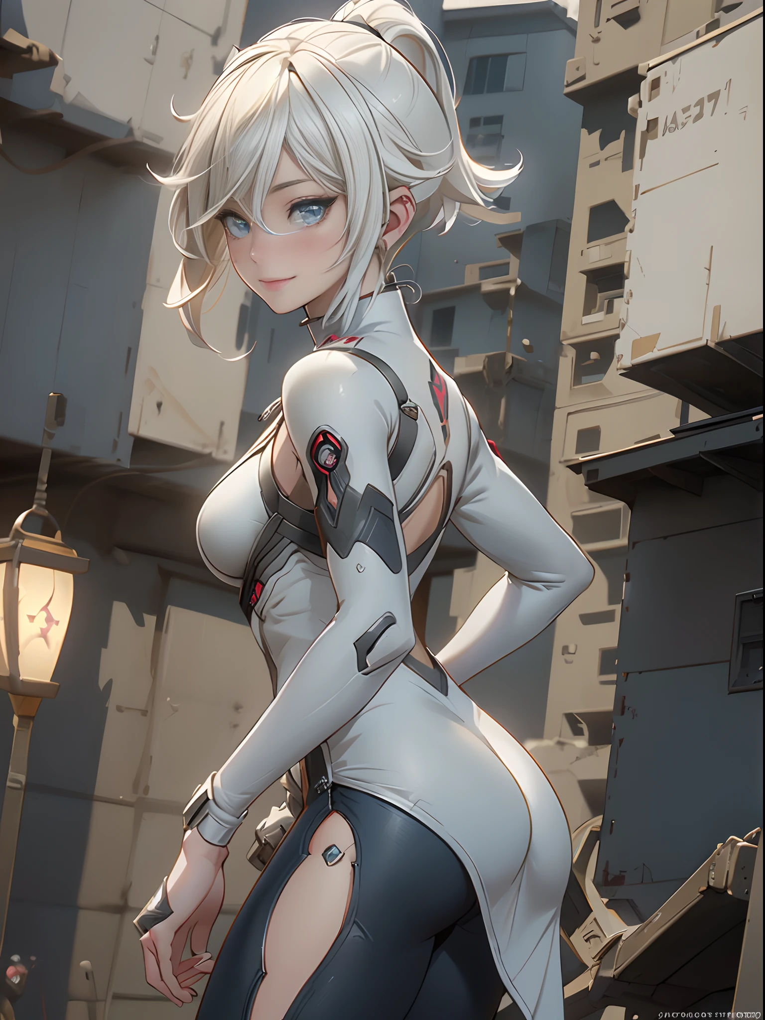 white hair, short hair, (Red Eyes:1.5), (medium breasts:1.5) (erectile nipples:1.1), Broken transparent bodysuit, BREAK outdoors, city, BREAK looking at viewer, BREAK (masutepiece:1.2), Best Quality, High resolution, Unity 8k壁纸, (Illustration:0.8), (Beautiful detailed eyes:1.6), extra detailed face, Perfect Lighting, extremely details CG, (Perfect hands, Perfect Anatomy),