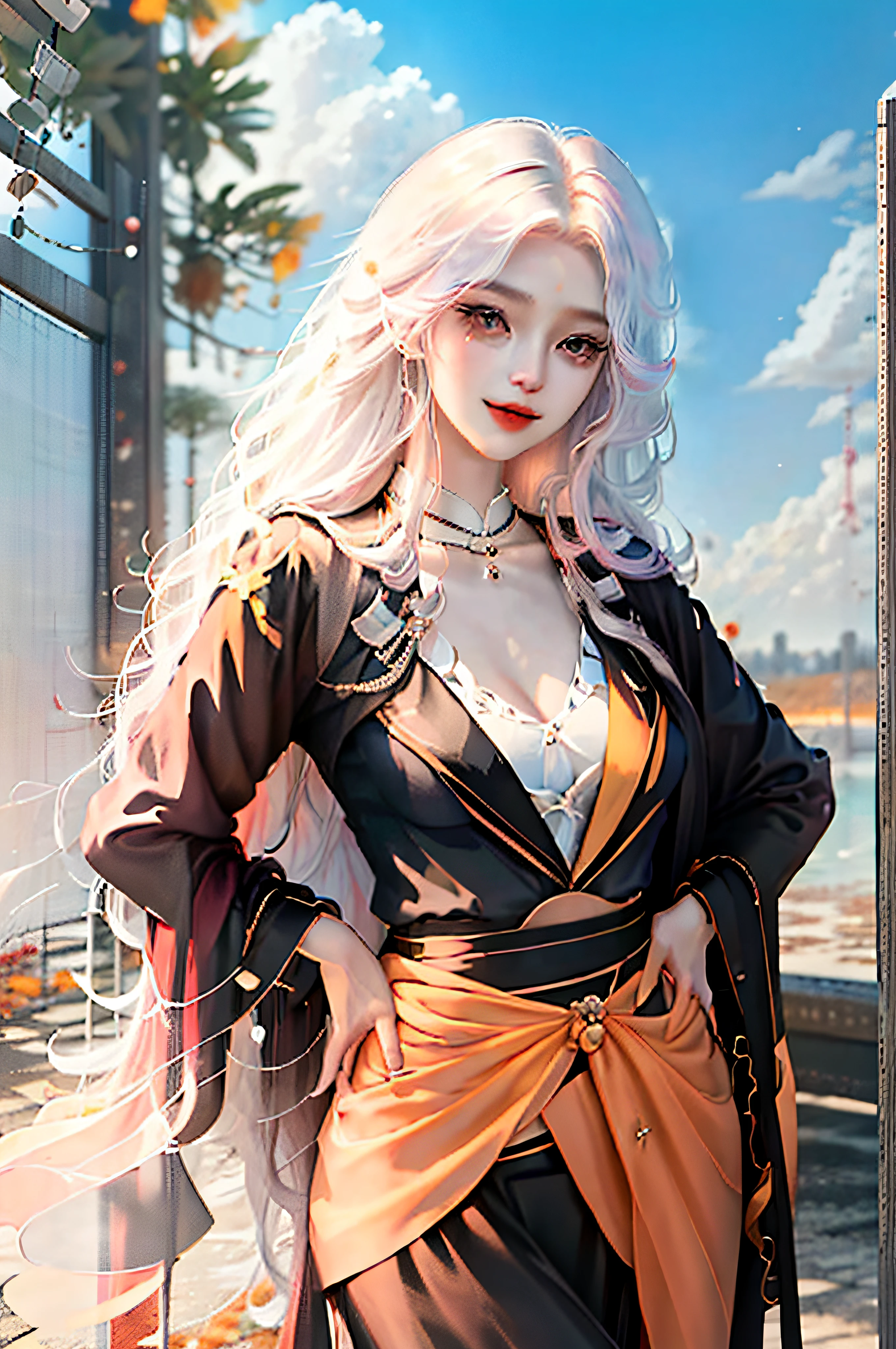 Young girls,Extremely beautiful and delicate,black long curly hair,Radiate to the waist,Extremely delicate hair sweet smile,The skin is white and red,exquisite and complete facial features,Big eyes,二重まぶた,long eyelasher,Shallow dimples,ssmile,Detailed depiction of the face,tall nose bridge,Red lips,photorealestic,鎖骨,Long neck,8K quality,Highest image quality,8K分辨率,goddes,Fine facial features,Clavicle chain,(((Colorful suit and skirt to wear))),(((Autumn fashion professional set))),rays of sunshine,facing at camera,with a good figure,Gentle eyes,stand posture,Walk the city streets,Beautiful skies,Vista blur,Characterize the characters in detail