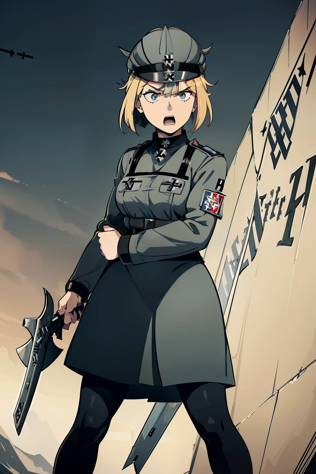 masterpiece, standing (nazi germany girl sorceress:1.5) , grey uniform shirt, black skirt, pioneer uniform from nazi germany, holding a (weapon:1.5) in her arms, black crosses tie, wearing black female (forage cap:1.5) on the head, ginger Hair gathered in a bunch, detailed and correct hands, angry face, open mouth, shouting a slogan
