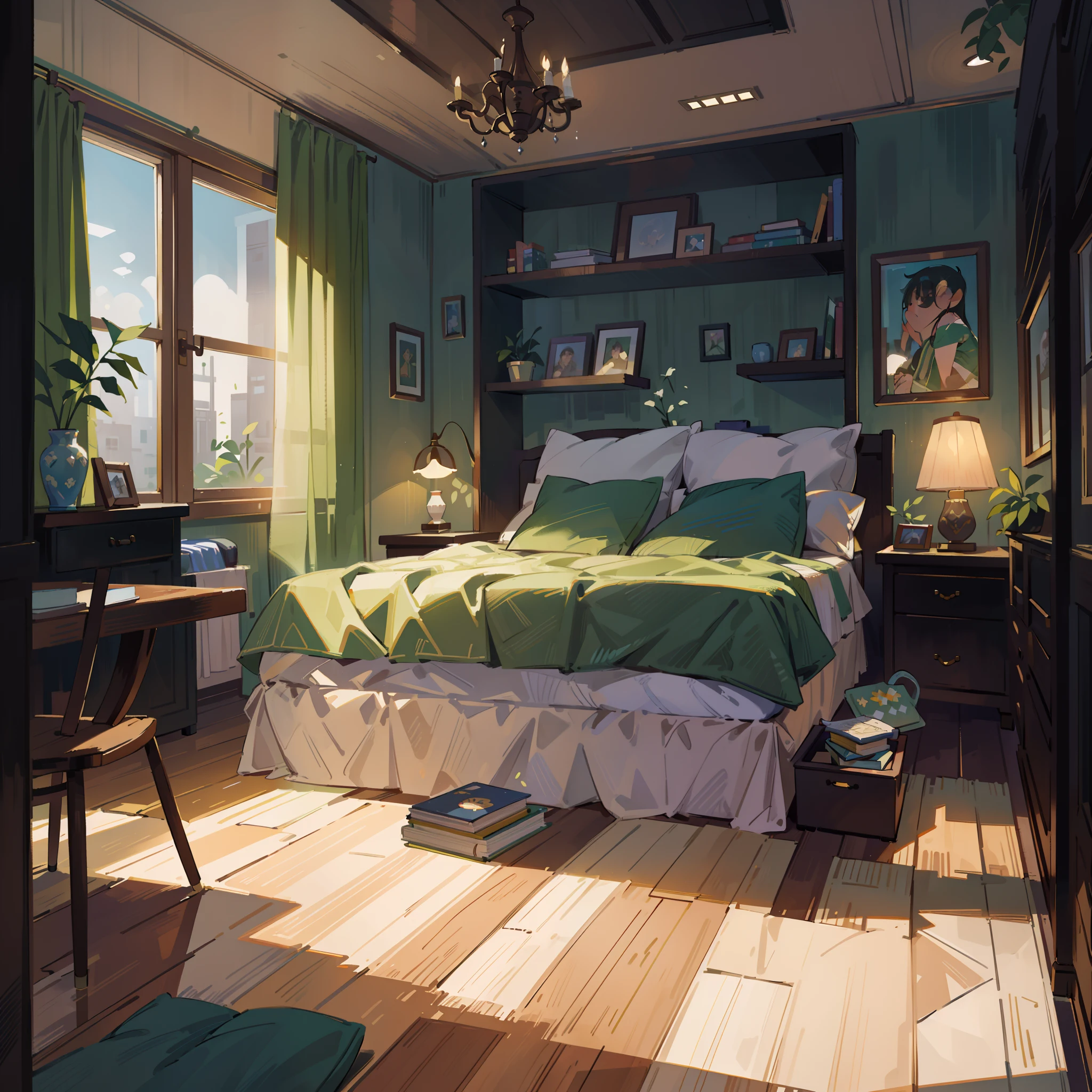 A green bedroom,(best quality,4k,8k,highres,masterpiece:1.2),ultra-detailed,(realistic,photorealistic,photo-realistic:1.37),vivid colors,bokeh,soft lighting, with a cozy atmosphere and a natural feel. The walls are painted in a soothing shade of green, creating a refreshing and calming ambiance. The bed is a focal point of the room, featuring a plush, comfortable mattress with crisp, white linen sheets. The headboard is decorated with intricate, botanical-inspired patterns, adding a touch of elegance and nature to the space.
In the corner of the room, there is a small reading nook with a comfortable armchair and a floor lamp, providing the perfect spot to unwind and enjoy a good book. The windows are adorned with light, sheer curtains, allowing the soft morning sunlight to gently filter into the room.
The floor is made of polished hardwood, exuding warmth and natural beauty. A soft, plush rug with a leafy pattern adds an extra layer of comfort and ties the room together. A potted plant sits by the window, adding a pop of vibrant green and a touch of freshness to the room.
The artwork on the walls showcases nature-inspired scenes, featuring lush green landscapes and delicate flowers. These paintings add depth and a sense of tranquility to the space.
To enhance the overall aesthetic, the room is filled with elements of nature. Fresh flowers in a vase on the bedside table bring a burst of color and fragrance. The room is also adorned with decorative pillows and throws in various shades of green, adding texture and creating a cohesive look.
The lighting in the room is soft and warm, creating a soothing ambiance. A combination of pendant lights and table lamps provide gentle illumination, allowing for a relaxing and cozy atmosphere. The curtains can be drawn to create a more intimate and serene space during the night.
Overall, this green bedroom is a peaceful and inviting sanctuary. It invites you to step into a world of calmness and serenity, where you can rest, r