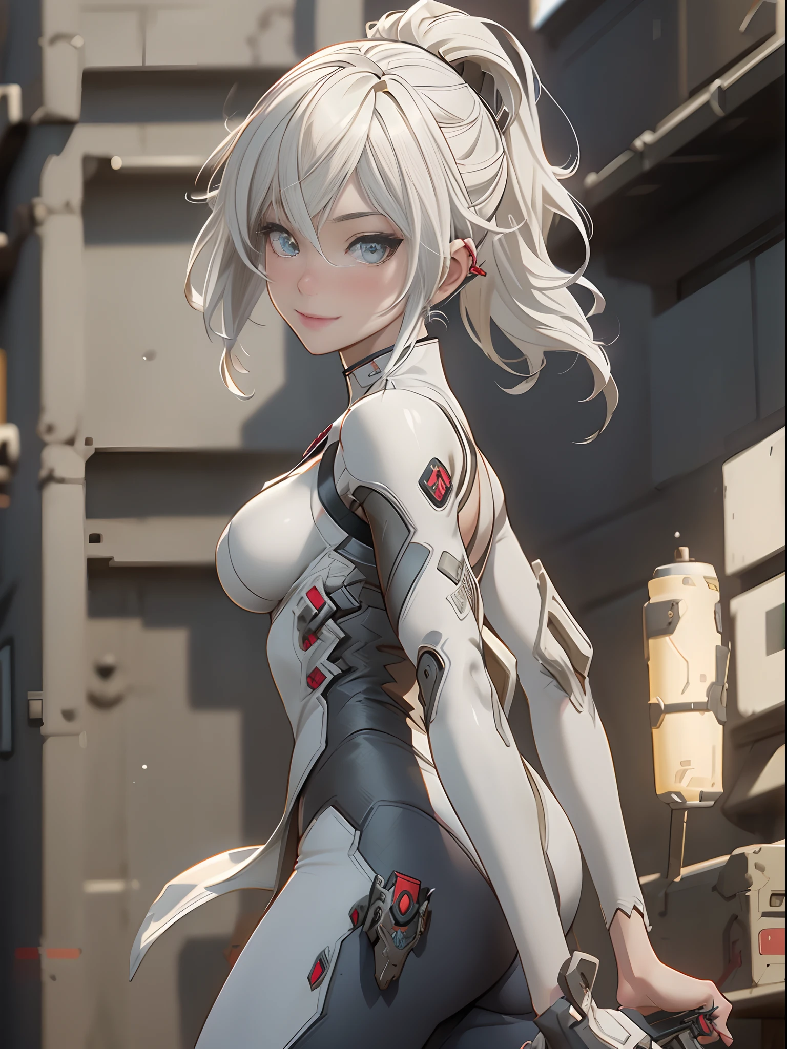 Masterpiece), ((Best quality)), parted lip, arms folded, Light_Smile, Cinematic lighting, Ultra-realistic, ((Realistic)), (Gwen_stacy), Blonde_Hair, short_Hair, Solo, side cut, asymmetrical_Hair, parted_Lips, eyebrow_Piercing, (Detailed face), Aesthetic 1 girl, 1girll, view the viewer, (Beautiful detailed eyes), tightsuit, spider-suit, White sweater, Portrait, The upper part of the body_Body, (side of head shaved), (Large breasts), ((taken from behind))