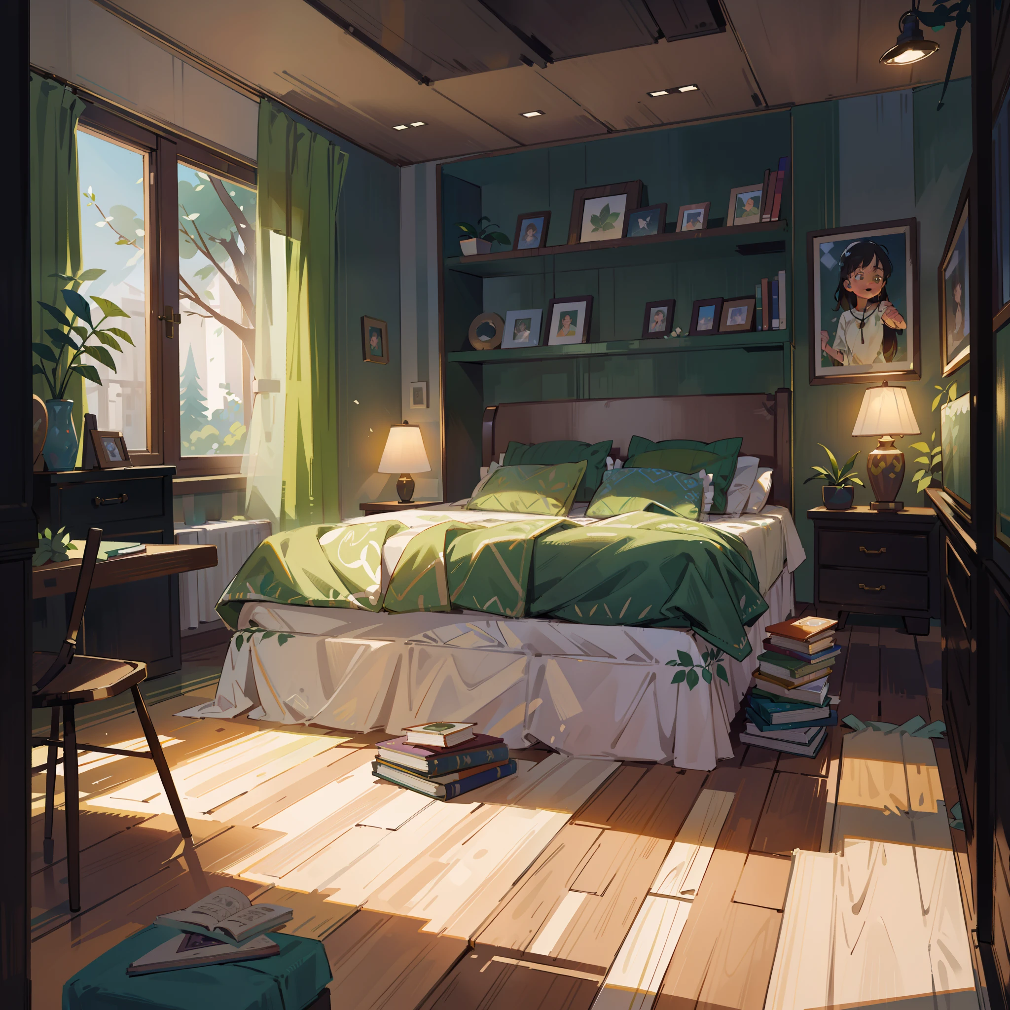 A green bedroom,(best quality,4k,8k,highres,masterpiece:1.2),ultra-detailed,(realistic,photorealistic,photo-realistic:1.37),vivid colors,bokeh,soft lighting, with a cozy atmosphere and a natural feel. The walls are painted in a soothing shade of green, creating a refreshing and calming ambiance. The bed is a focal point of the room, featuring a plush, comfortable mattress with crisp, white linen sheets. The headboard is decorated with intricate, botanical-inspired patterns, adding a touch of elegance and nature to the space.

In the corner of the room, there is a small reading nook with a comfortable armchair and a floor lamp, providing the perfect spot to unwind and enjoy a good book. The windows are adorned with light, sheer curtains, allowing the soft morning sunlight to gently filter into the room.

The floor is made of polished hardwood, exuding warmth and natural beauty. A soft, plush rug with a leafy pattern adds an extra layer of comfort and ties the room together. A potted plant sits by the window, adding a pop of vibrant green and a touch of freshness to the room.

The artwork on the walls showcases nature-inspired scenes, featuring lush green landscapes and delicate flowers. These paintings add depth and a sense of tranquility to the space.

To enhance the overall aesthetic, the room is filled with elements of nature. Fresh flowers in a vase on the bedside table bring a burst of color and fragrance. The room is also adorned with decorative pillows and throws in various shades of green, adding texture and creating a cohesive look.

The lighting in the room is soft and warm, creating a soothing ambiance. A combination of pendant lights and table lamps provide gentle illumination, allowing for a relaxing and cozy atmosphere. The curtains can be drawn to create a more intimate and serene space during the night.

Overall, this green bedroom is a peaceful and inviting sanctuary. It invites you to step into a world of calmness and serenity, where you can rest, r