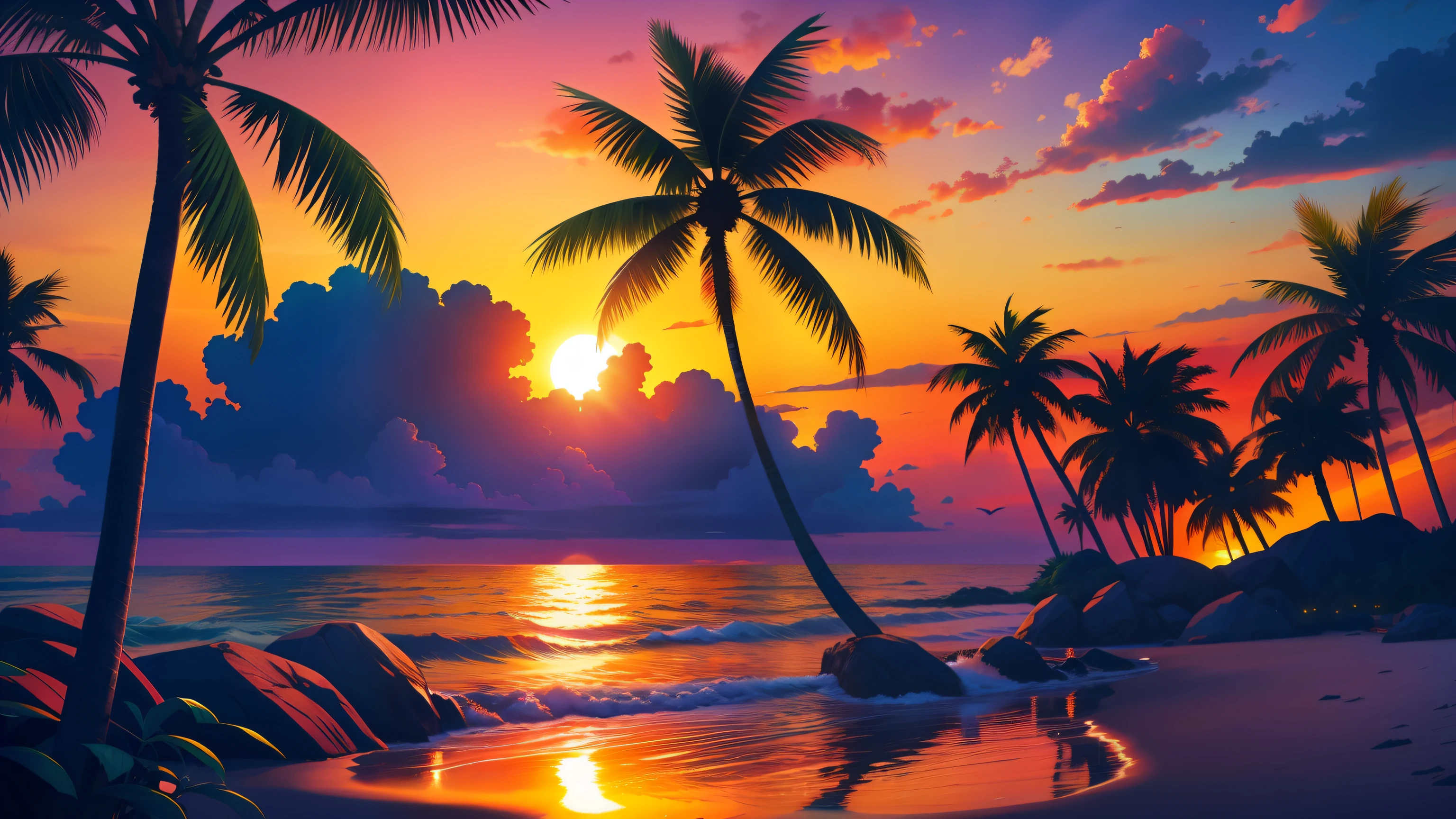 A painting of a sunset on a tropical beach with palm trees - SeaArt AI